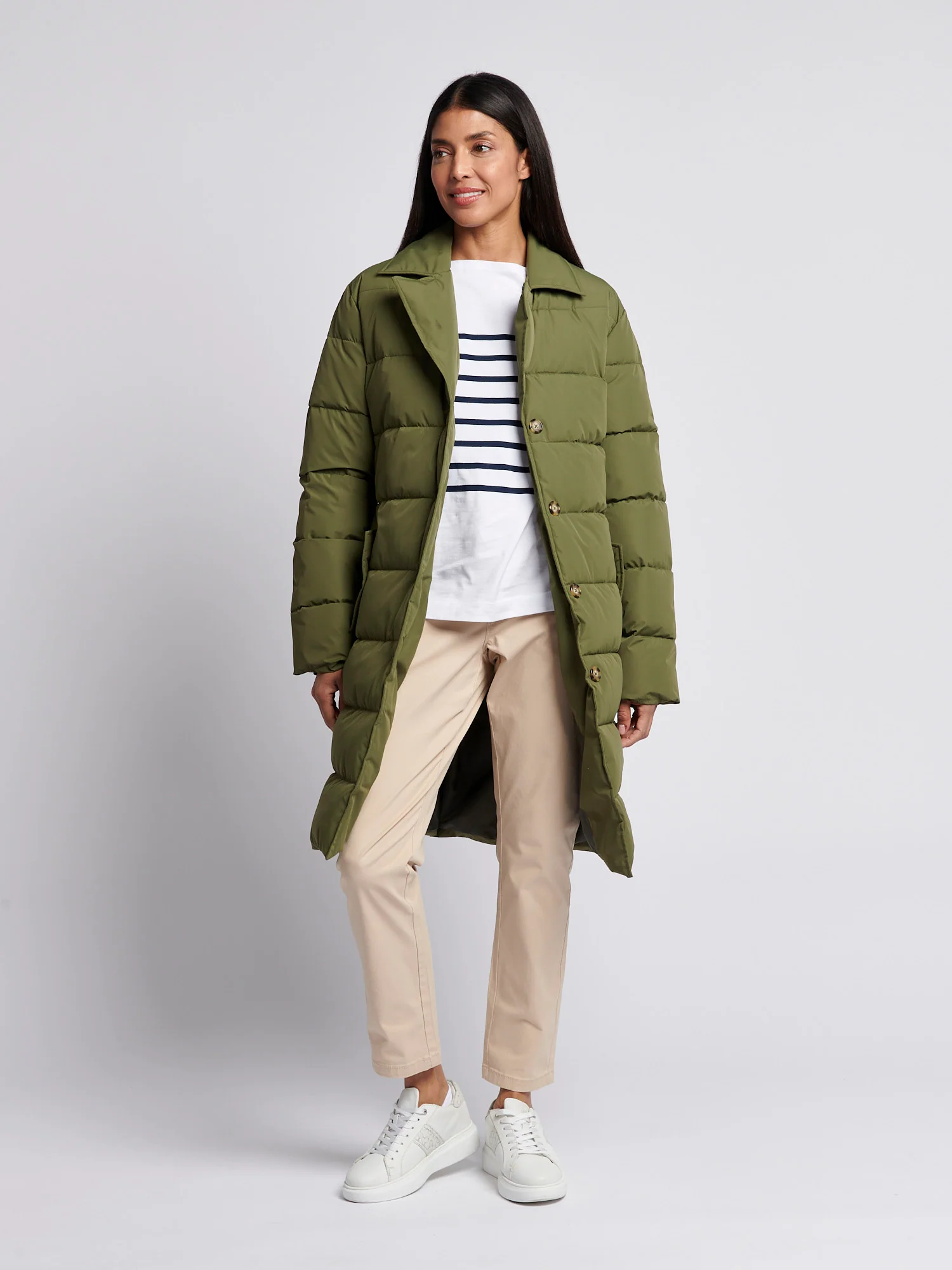 Womens Puffer Trench Coat in Kalamata Green - Image 3