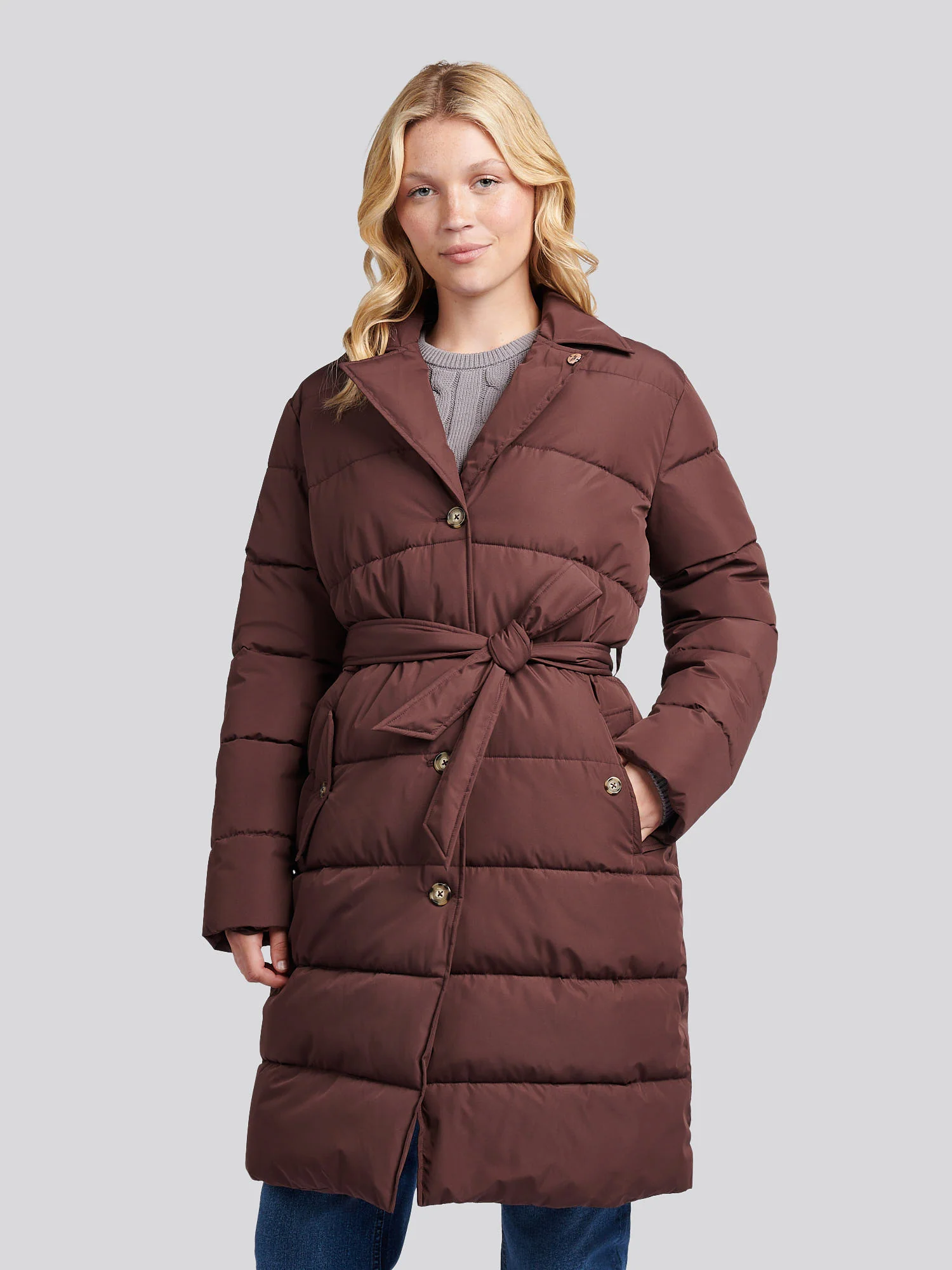 Womens Puffer Trench Coat in Puce