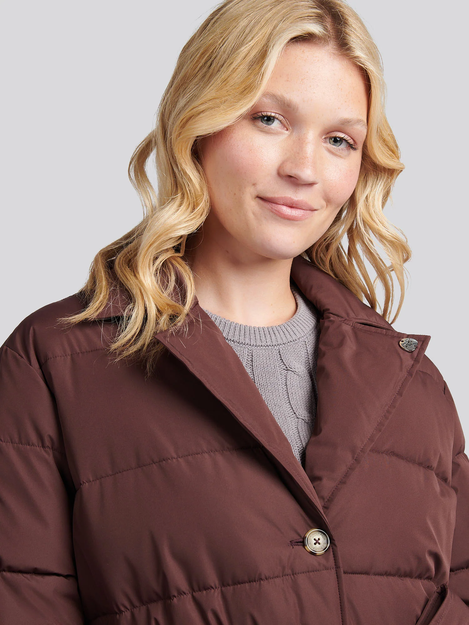 Womens Puffer Trench Coat in Puce - Image 2
