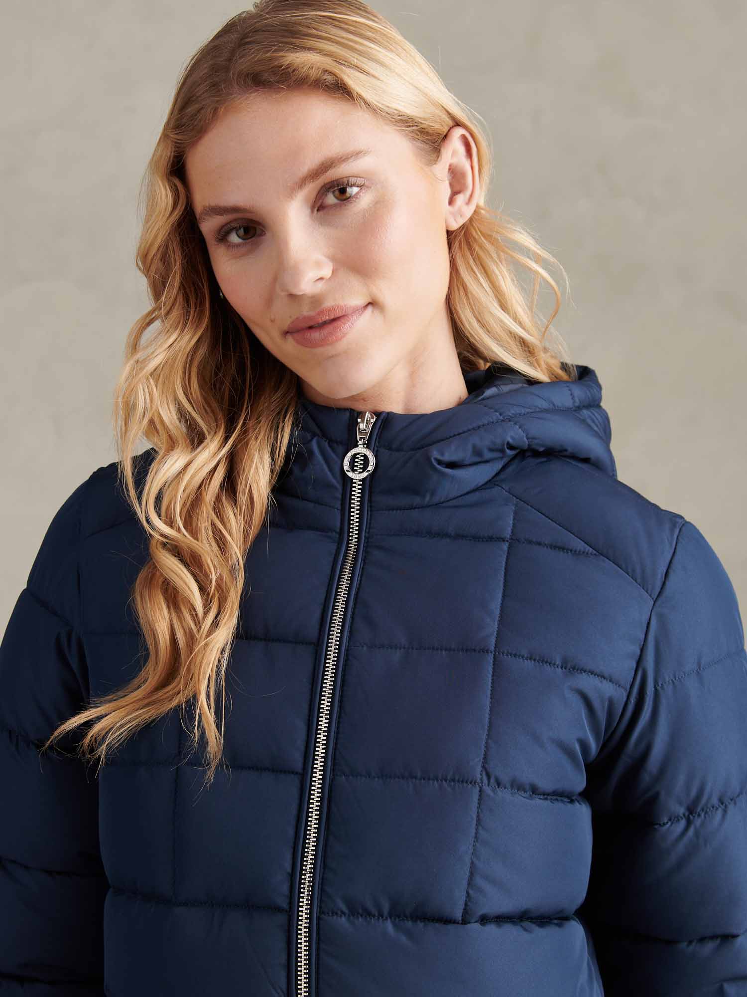 Womens Quilted Hooded Puffer Coat in Navy Iris - Image 3