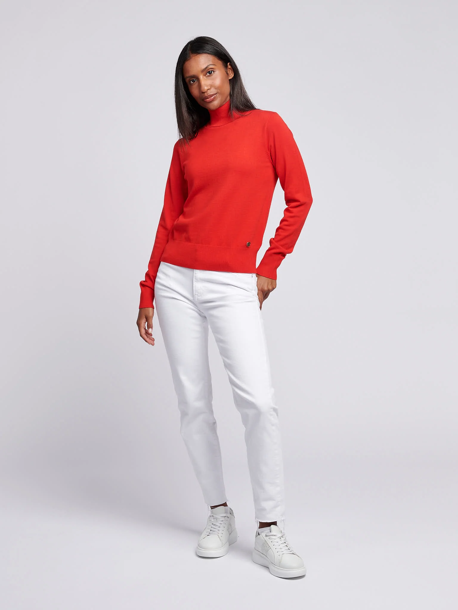 Womens Roll Neck Fine Knit Jumper in Aura Orange - Image 3