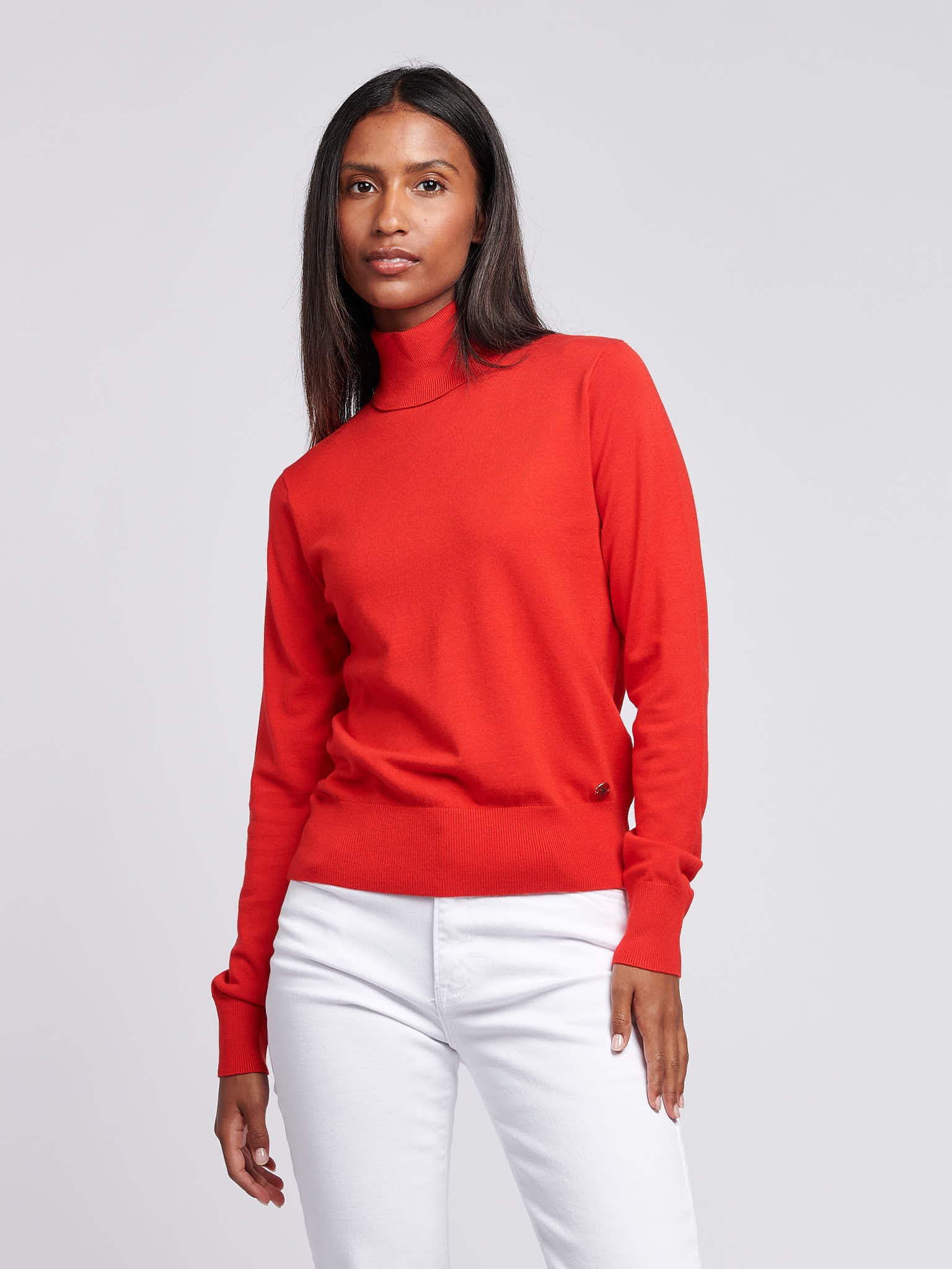 Womens Roll Neck Fine Knit Jumper in Aura Orange - Image 6