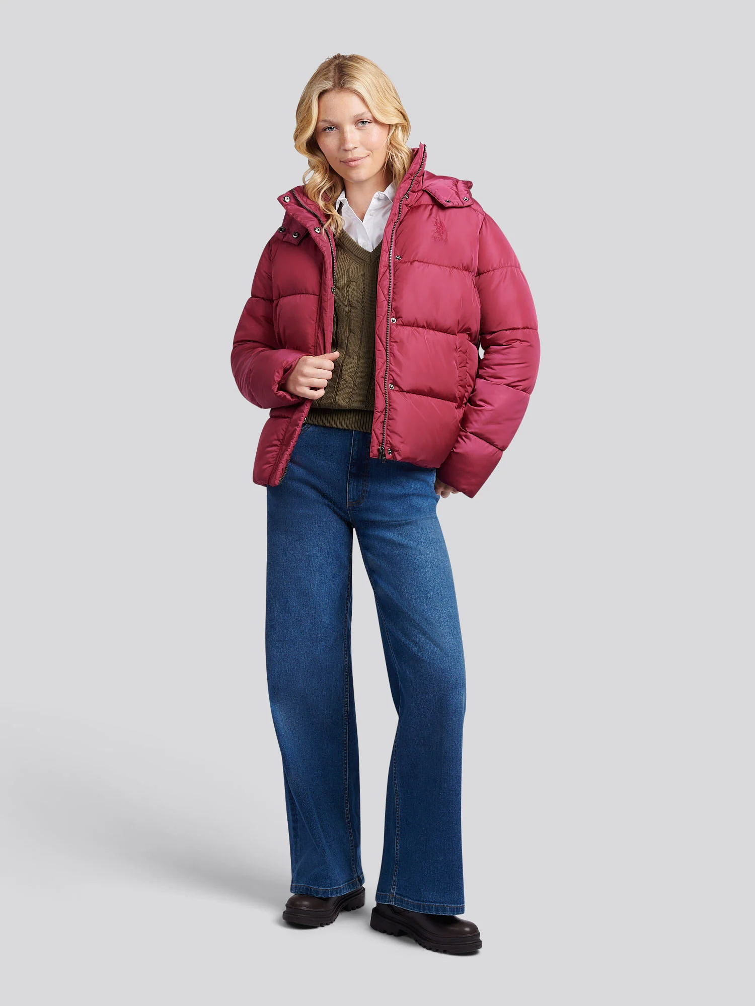 Womens Sateen Puffer Jacket in Beaujolais - Image 3