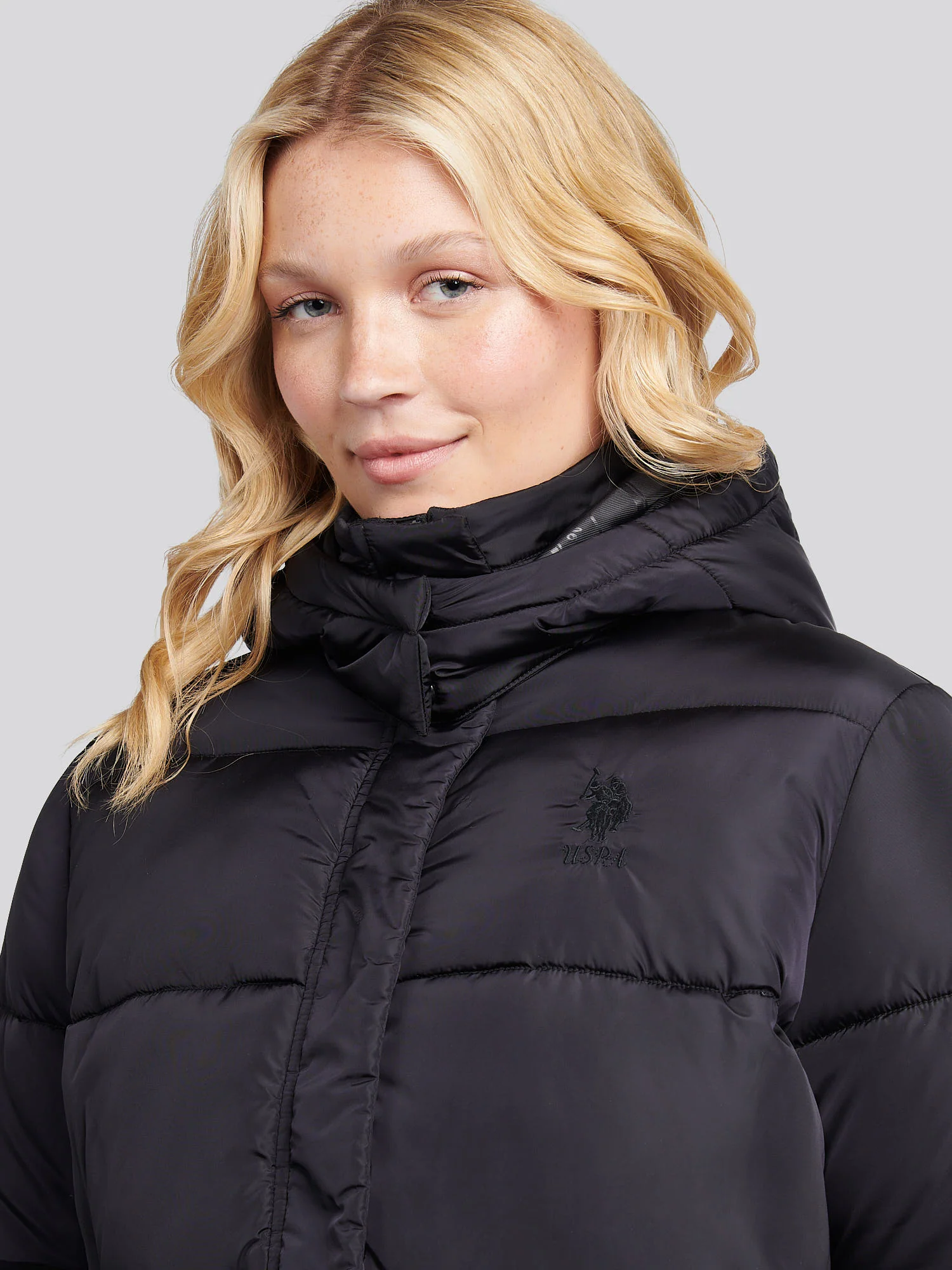 Womens Sateen Puffer Jacket in Black - Image 2