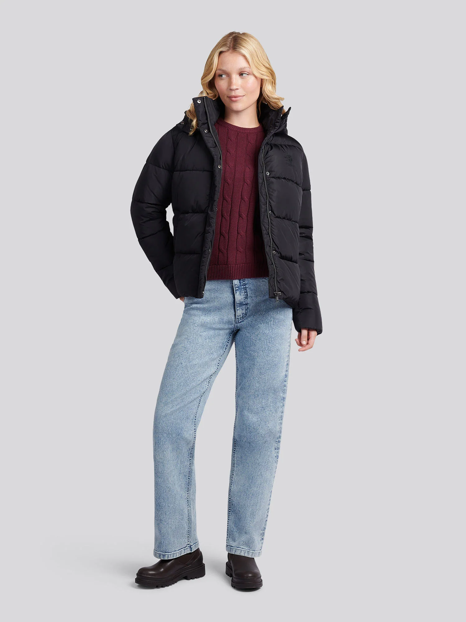 Womens Sateen Puffer Jacket in Black - Image 3