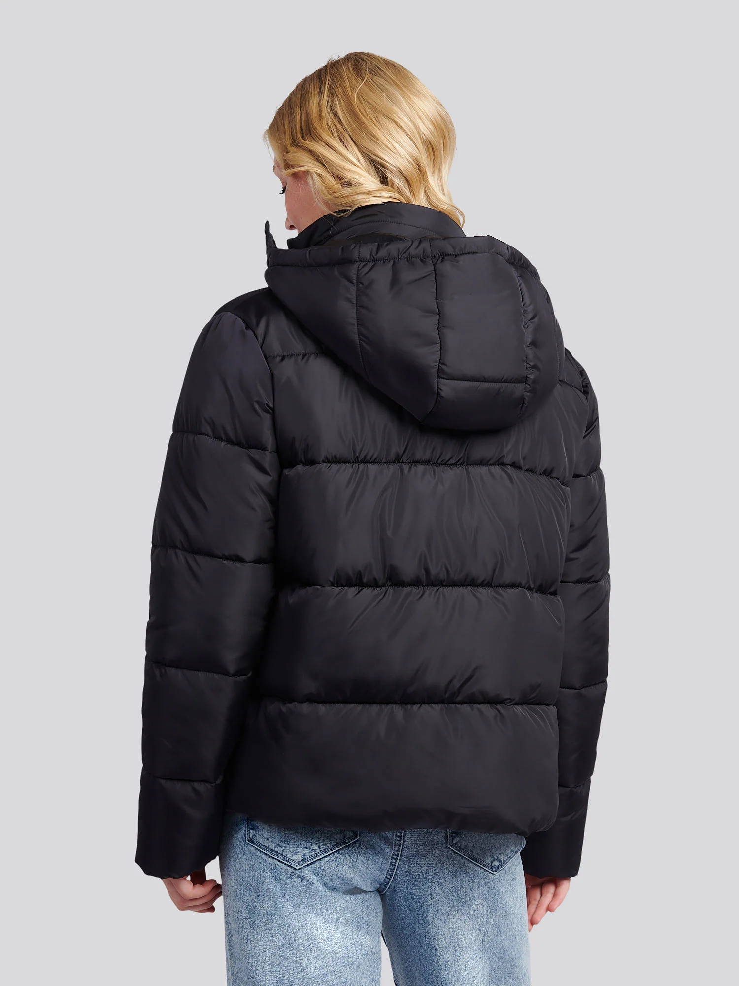 Womens Sateen Puffer Jacket in Black - Image 4