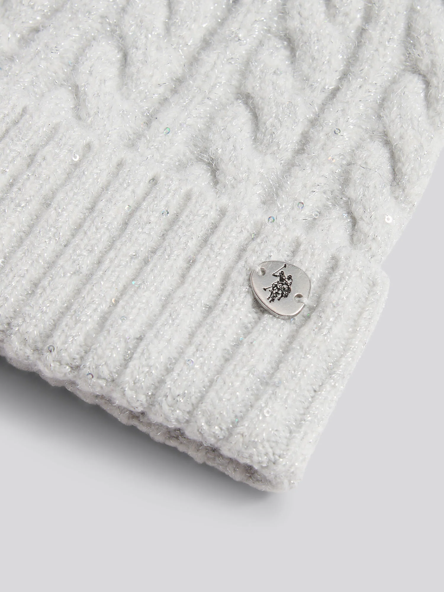 Womens Signature Cable Sequin Knit Beanie in Light Grey Marl WUP - Image 10