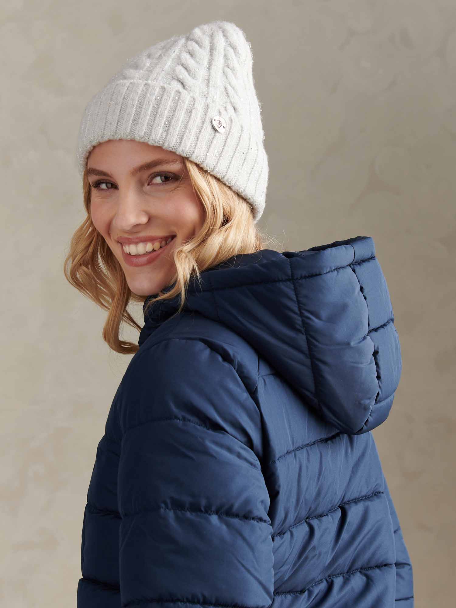 Womens Signature Cable Sequin Knit Beanie in Light Grey Marl WUP - Image 2