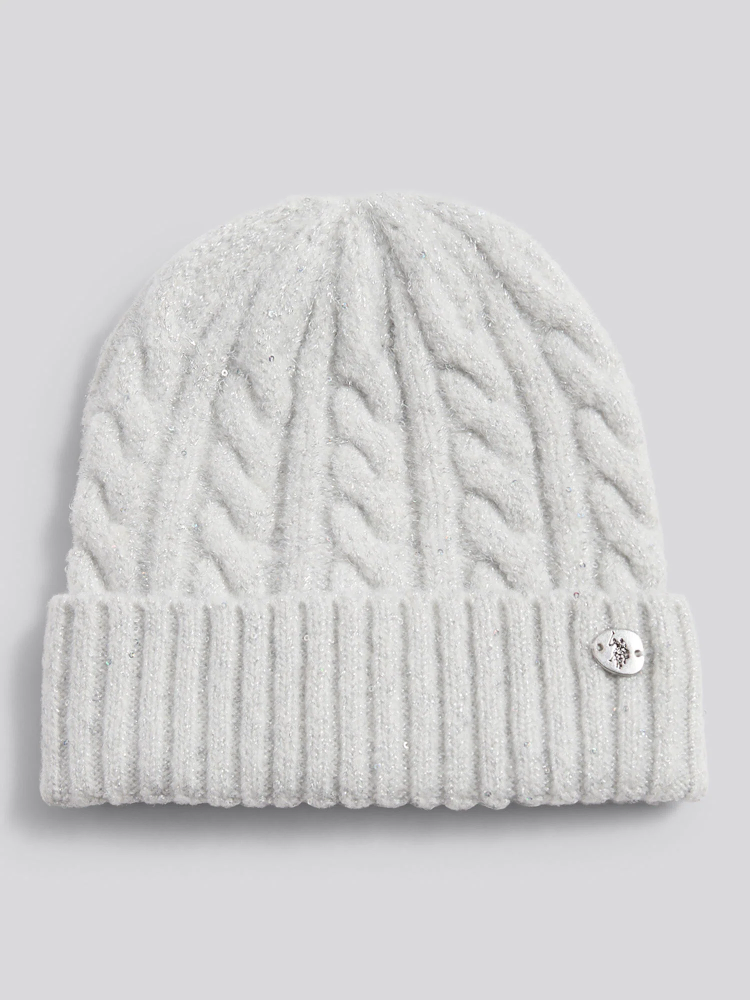 Womens Signature Cable Sequin Knit Beanie in Light Grey Marl WUP - Image 8