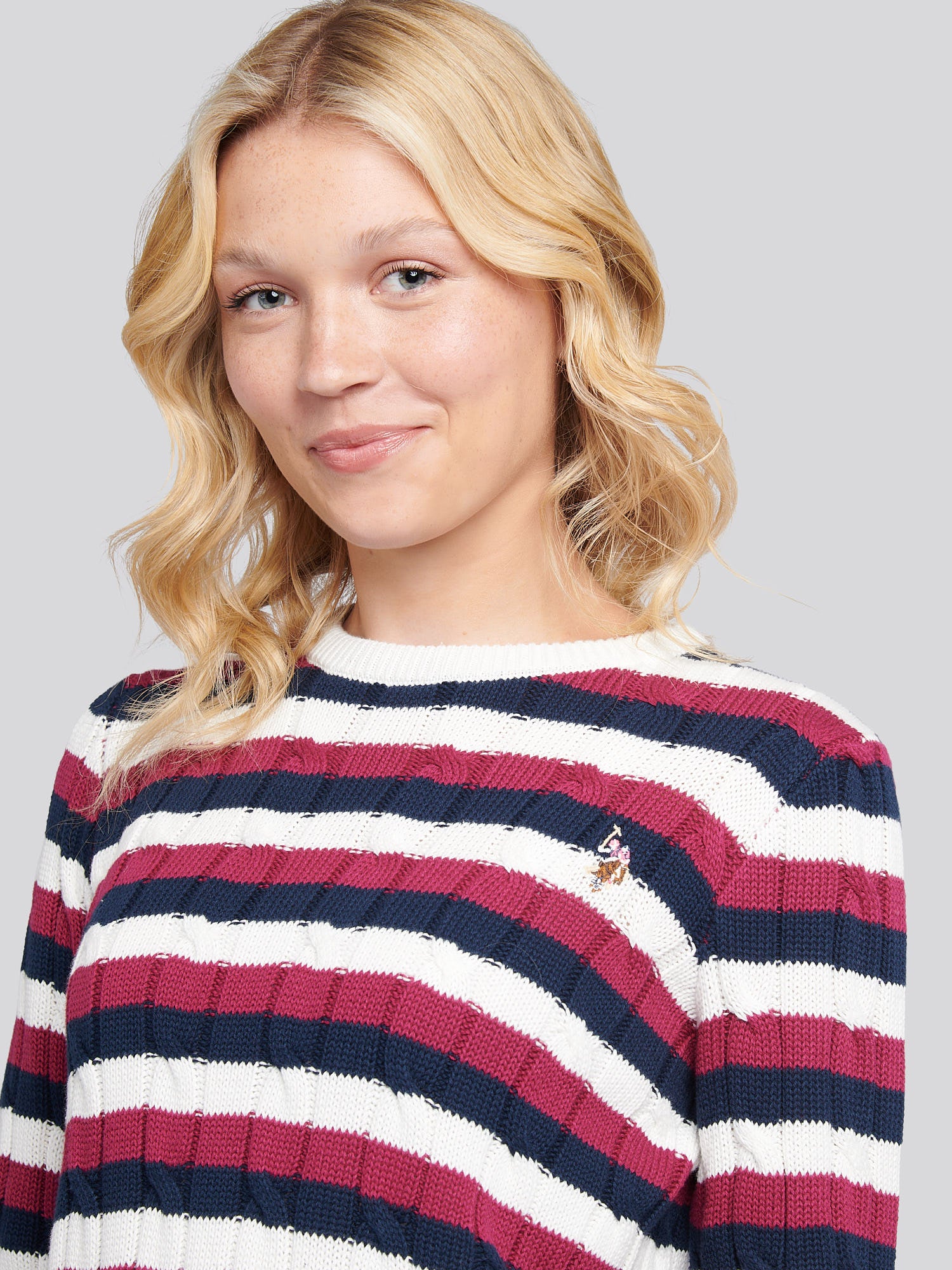 Womens Stripe Crew Neck Cable Jumper in Beaujolais - Image 2