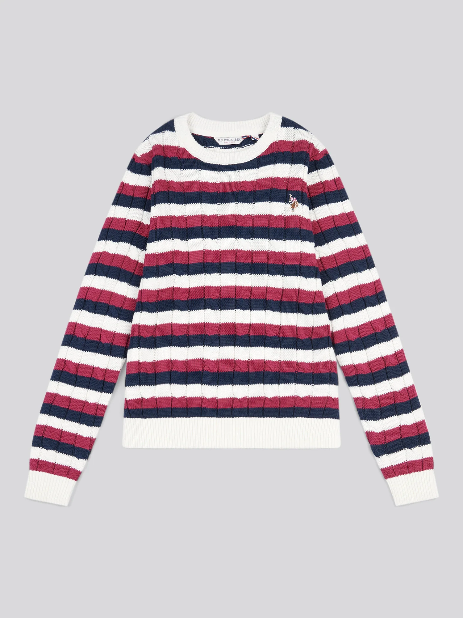 Womens Stripe Crew Neck Cable Jumper in Beaujolais - Image 5
