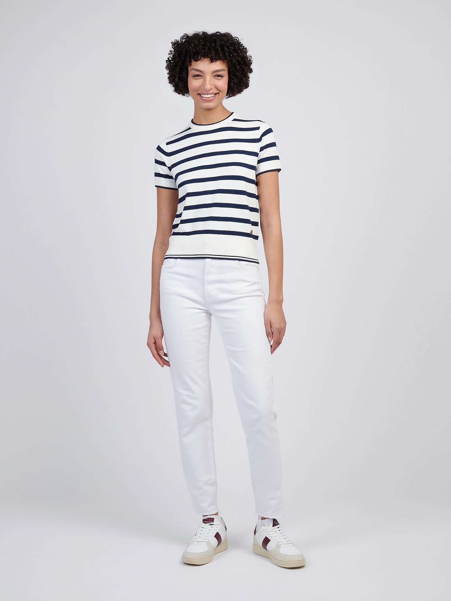Womens Stripe Crew Neck Short Sleeve Jumper in Marshmallow - Image 3
