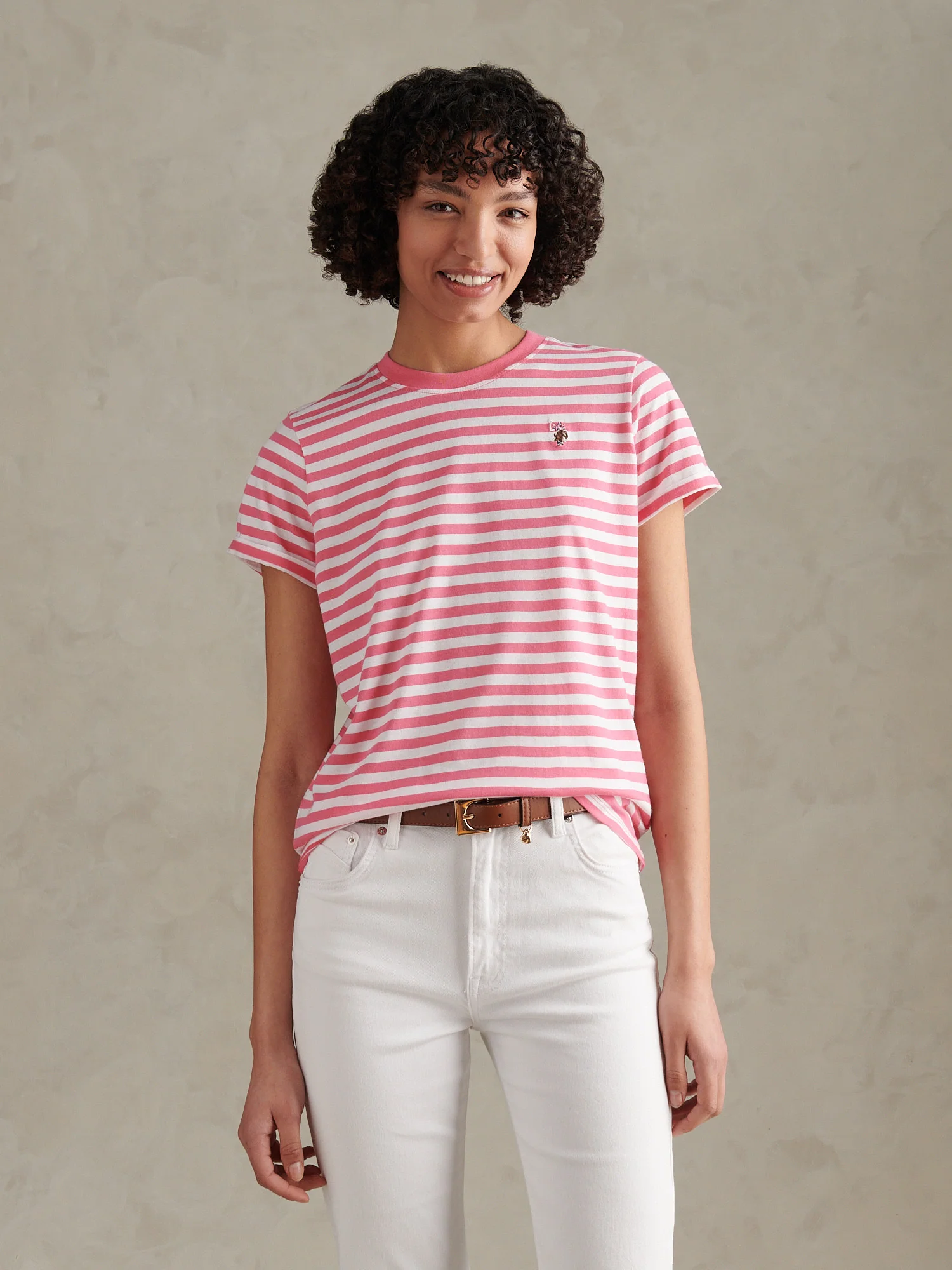 Womens Stripe Crew Neck T-Shirt Bubblegum