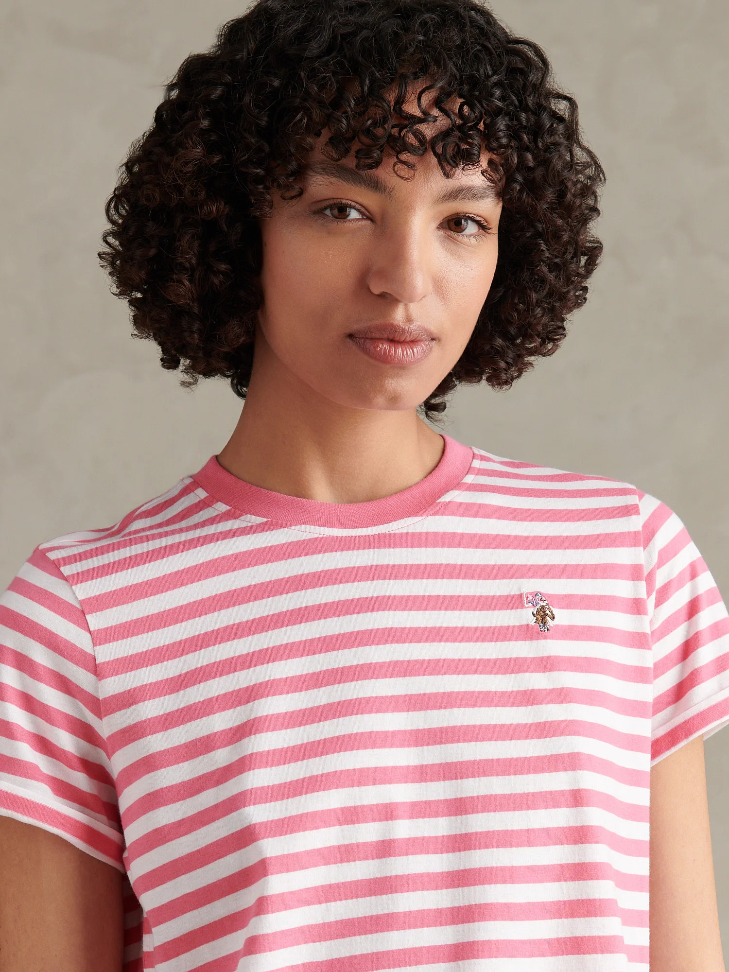 Womens Stripe Crew Neck T-Shirt Bubblegum - Image 2