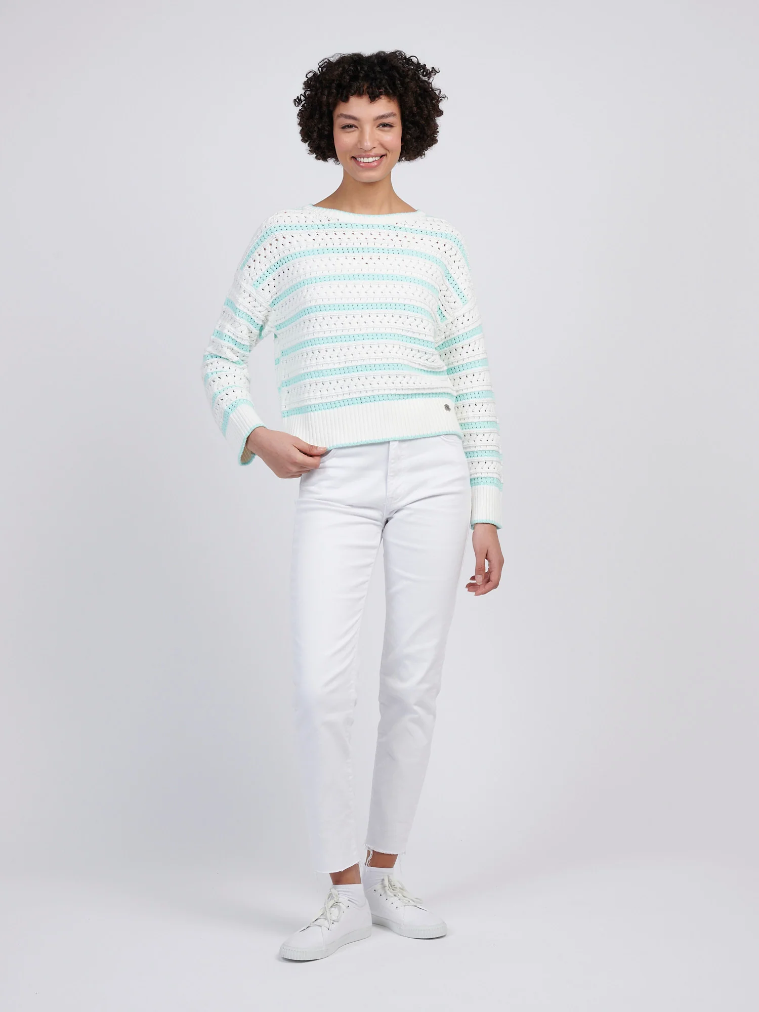 Womens Stripe Open Knit Cable Jumper in Blue Light - Image 3
