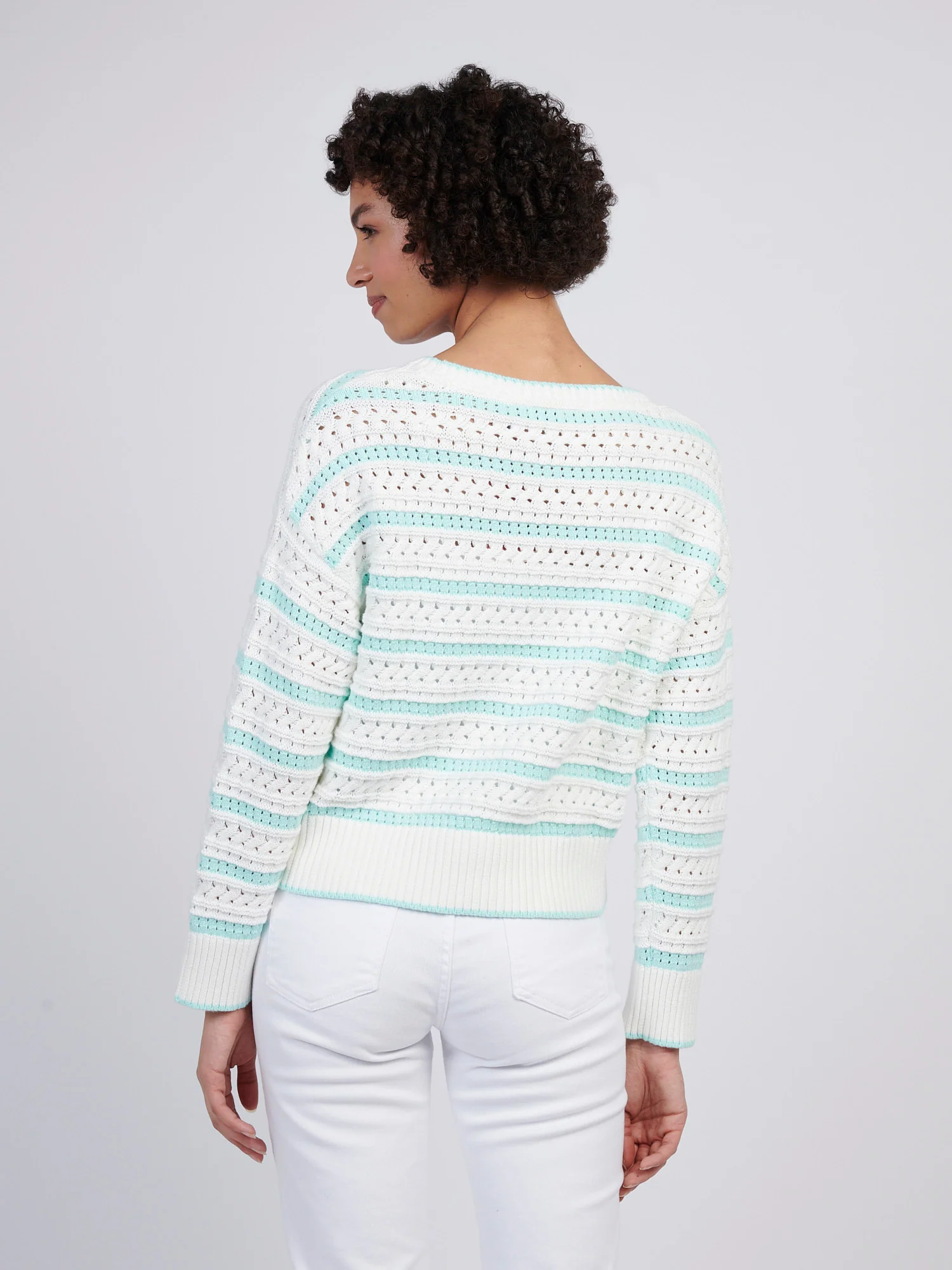 Womens Stripe Open Knit Cable Jumper in Blue Light - Image 4