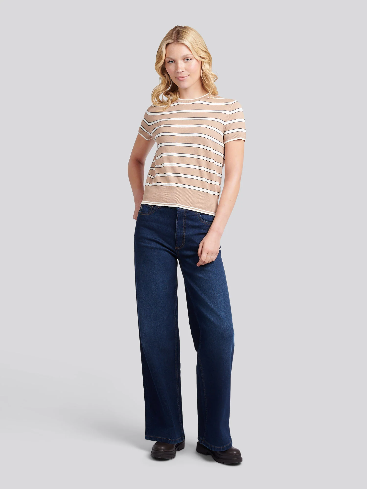 Womens Stripe Short Sleeve Jumper in Natural - Image 3