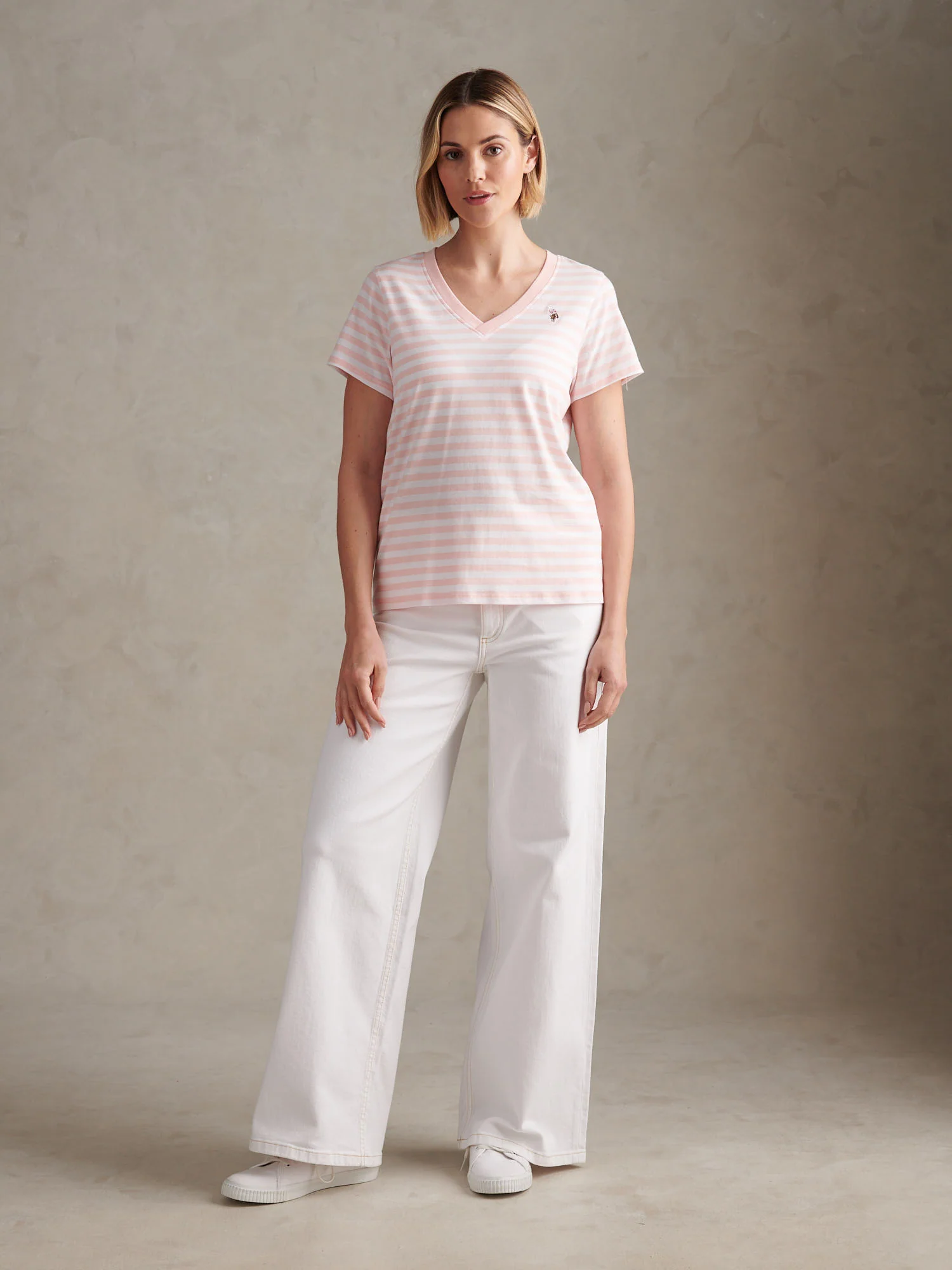 Womens Stripe V-Neck Neck T-Shirt Crystal Rose - Image 5