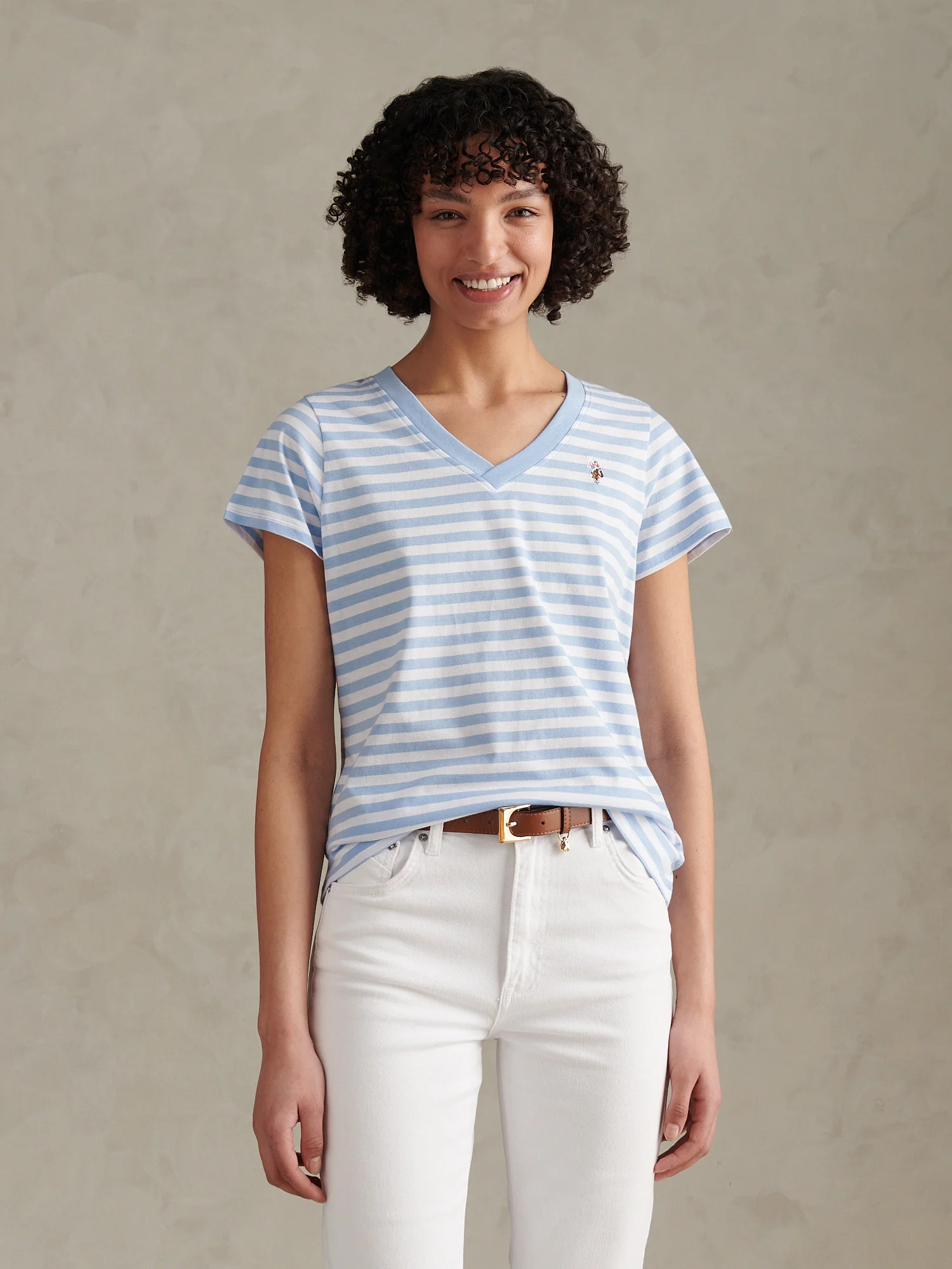 Womens Stripe V-Neck Neck T-Shirt Open Air