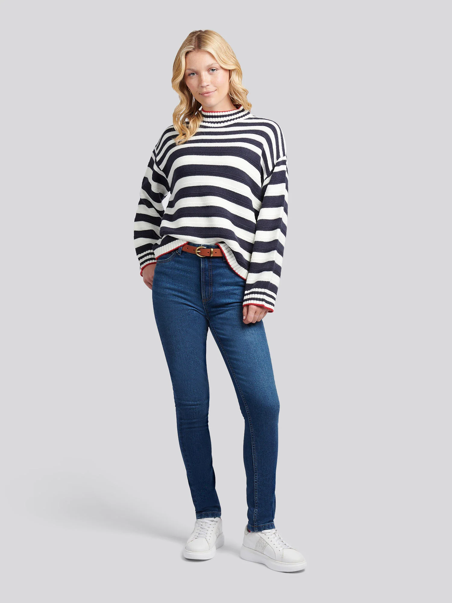 Womens Textured Stripe Mock Neck Jumper in Marshmallow - Image 3