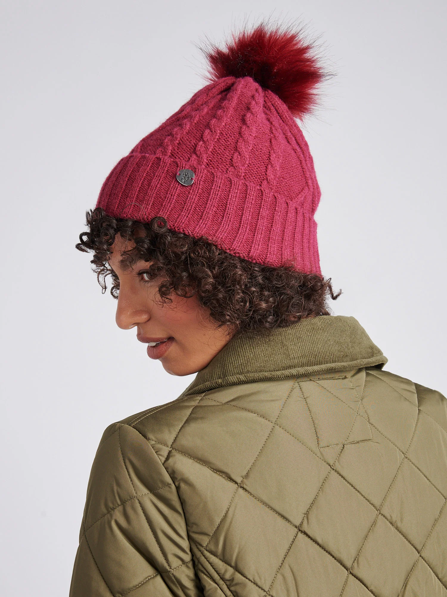 Womens Twist Cable Fur Bobble Knit Beanie in Beaujolais - Image 4