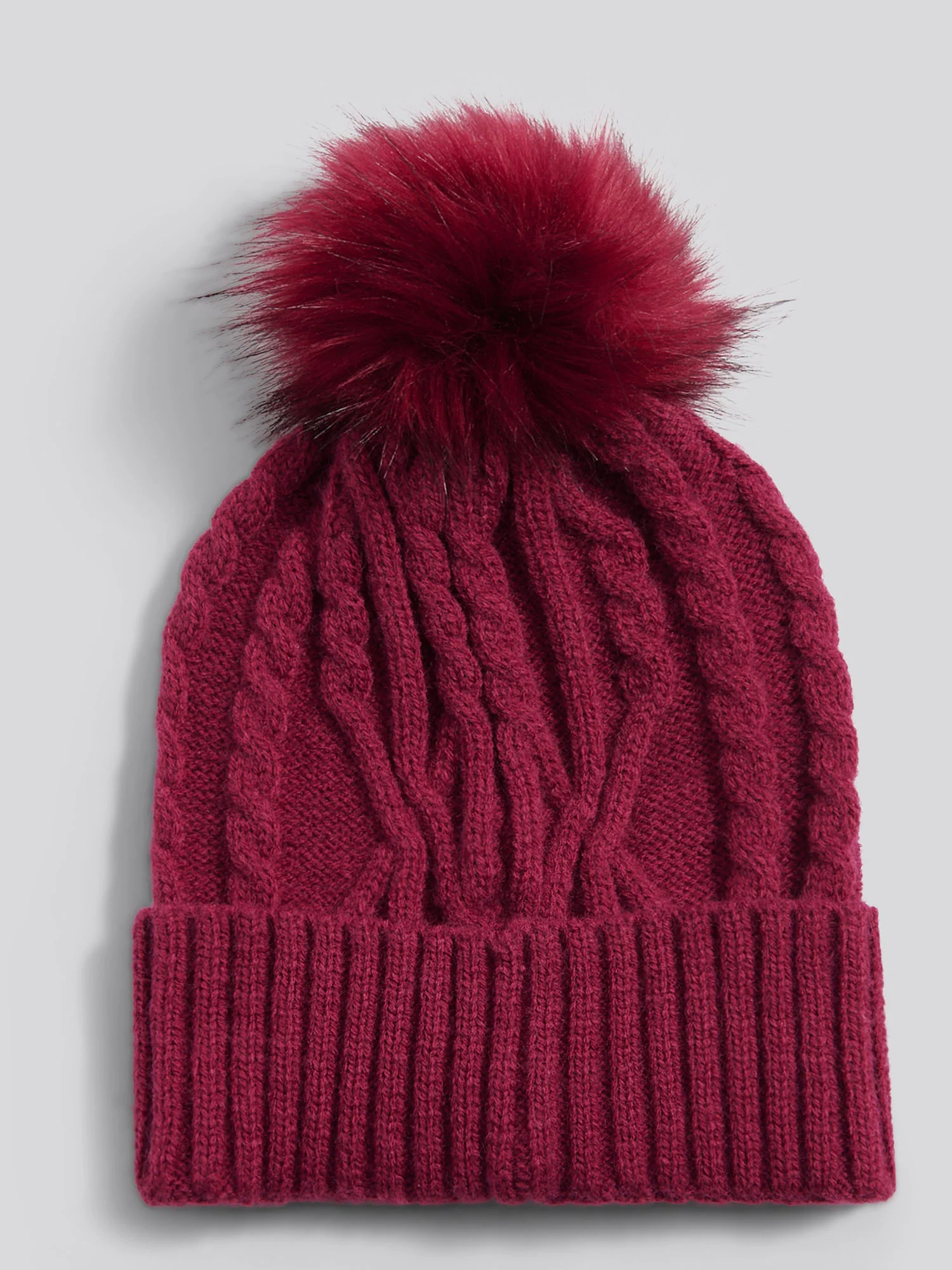 Womens Twist Cable Fur Bobble Knit Beanie in Beaujolais - Image 6