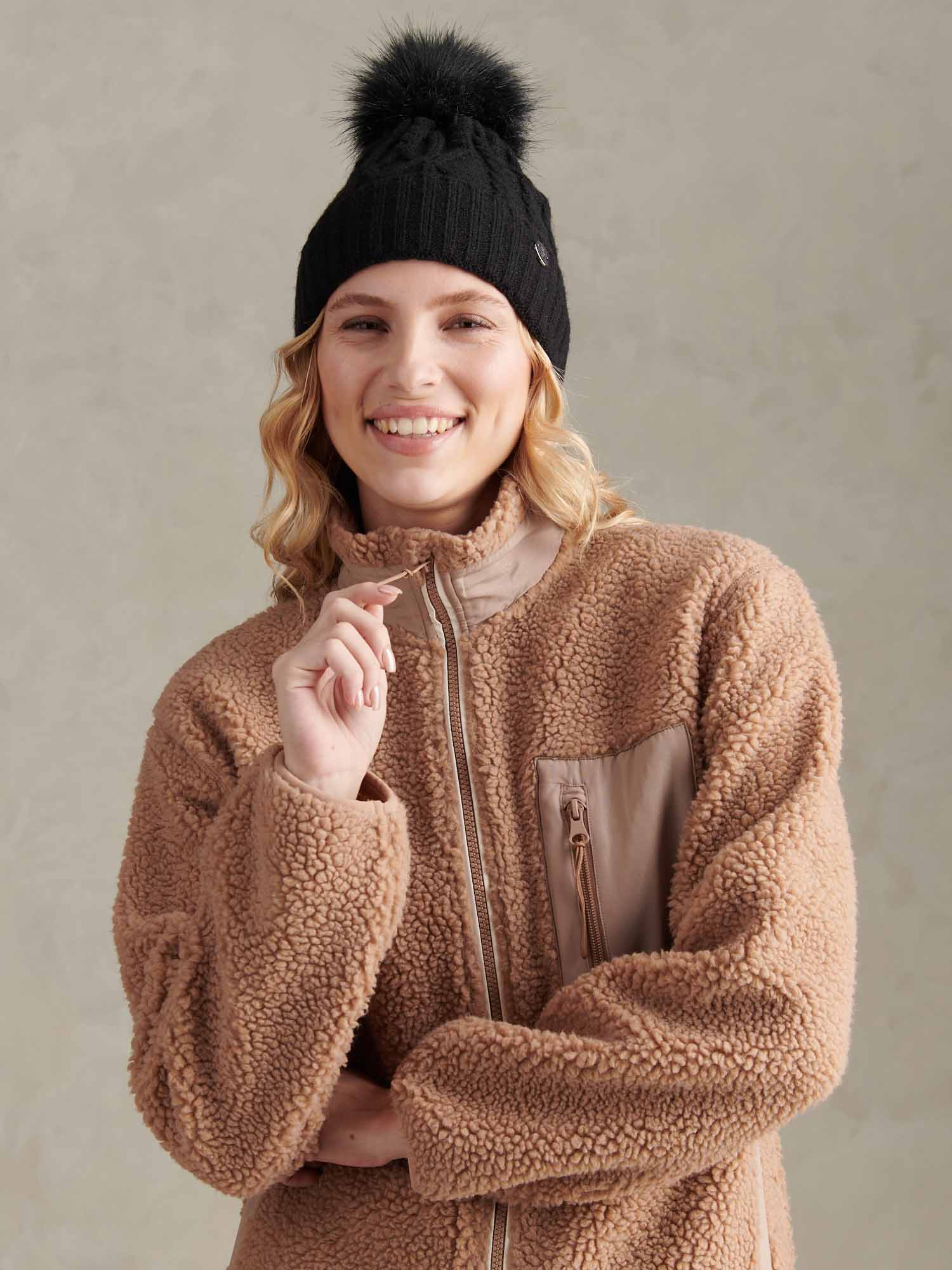 Womens Twist Cable Fur Bobble Knit Beanie in Black