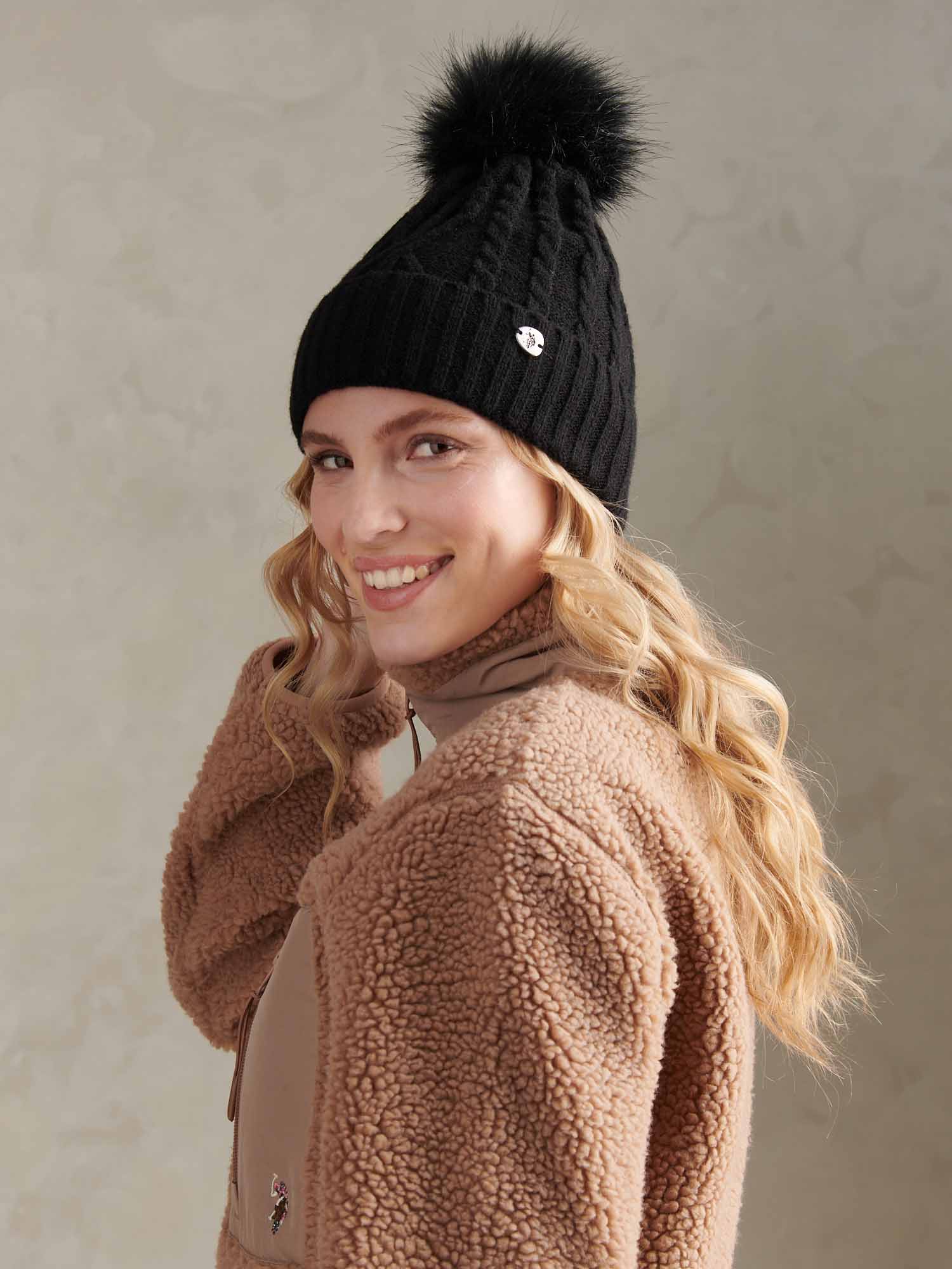 Womens Twist Cable Fur Bobble Knit Beanie in Black - Image 2