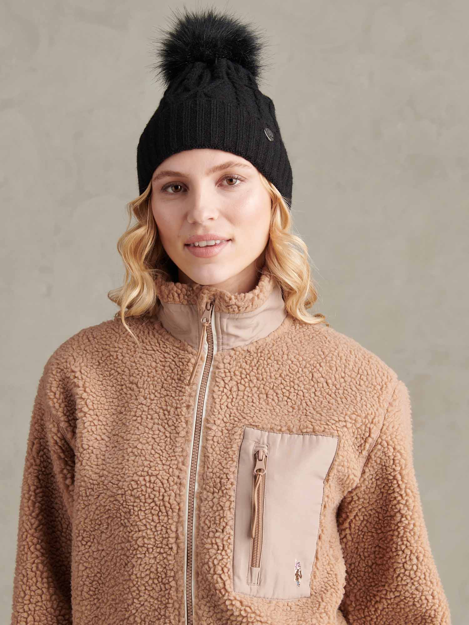 Womens Twist Cable Fur Bobble Knit Beanie in Black - Image 3