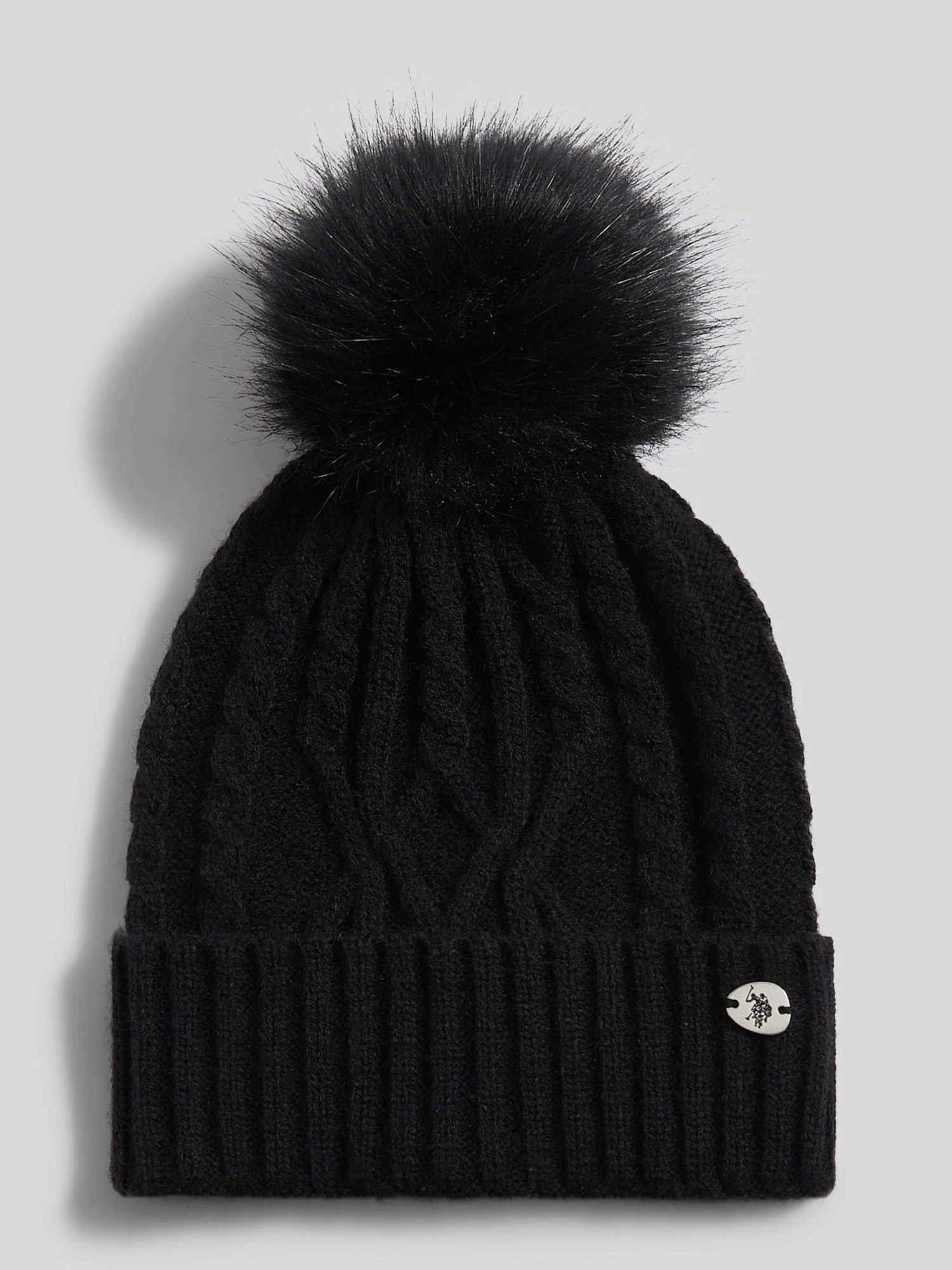 Womens Twist Cable Fur Bobble Knit Beanie in Black - Image 4