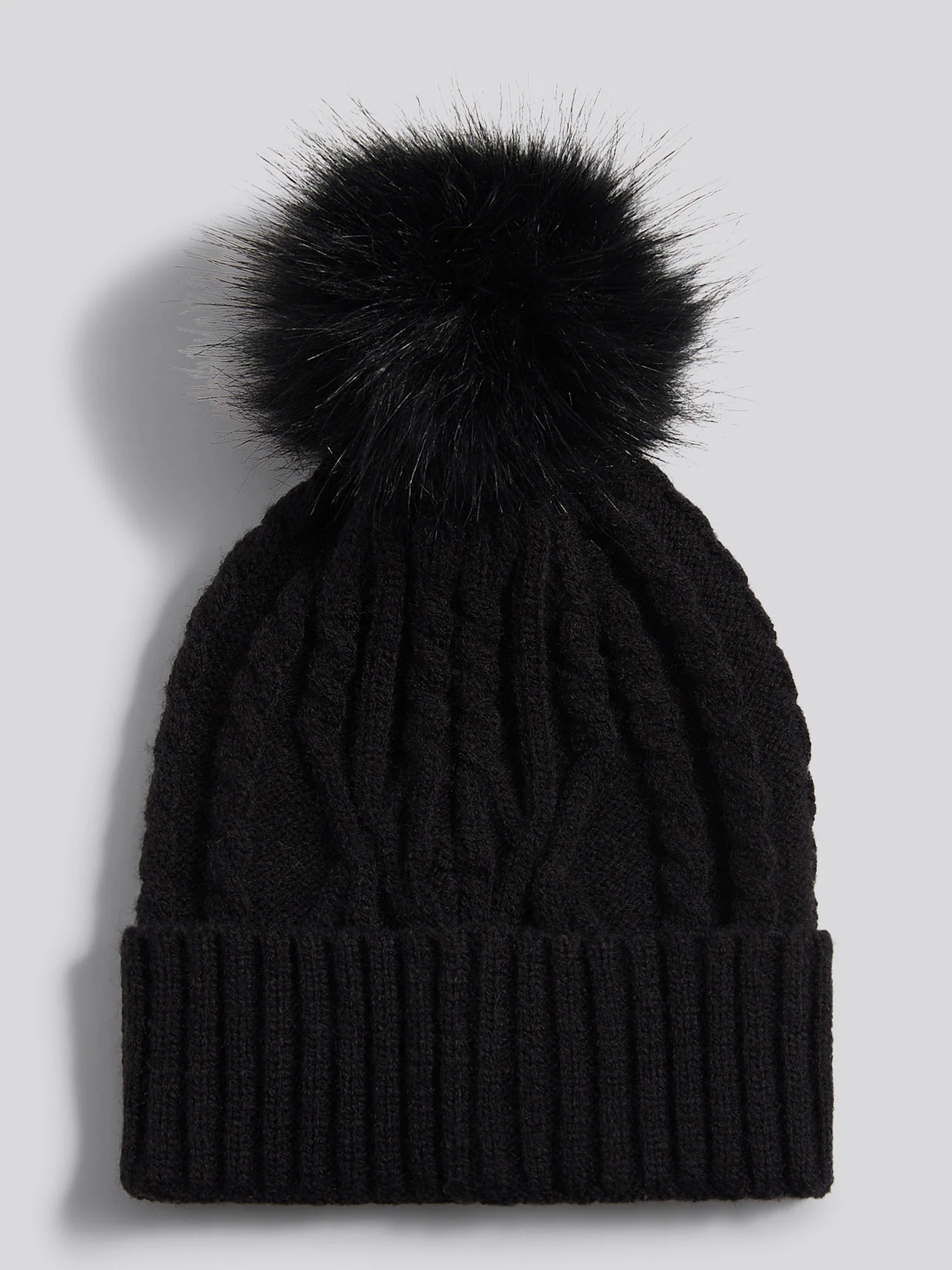 Womens Twist Cable Fur Bobble Knit Beanie in Black - Image 5