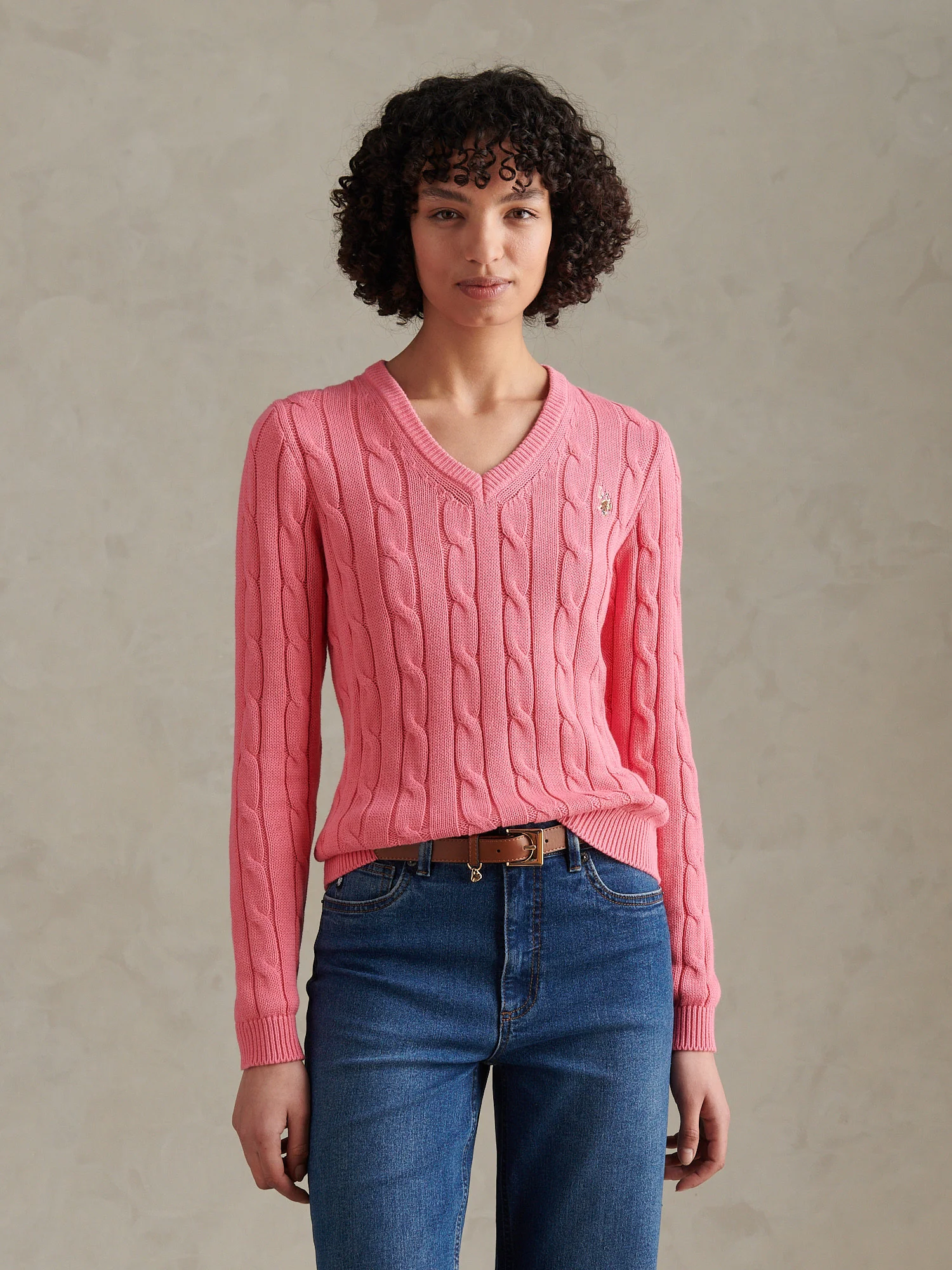 Womens V-Neck Cable Jumper Bubblegum