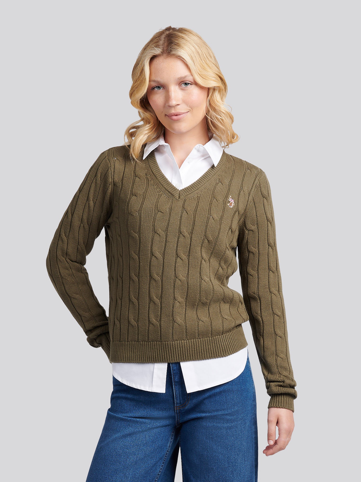 Womens V-Neck Cable Jumper Kalamata Green