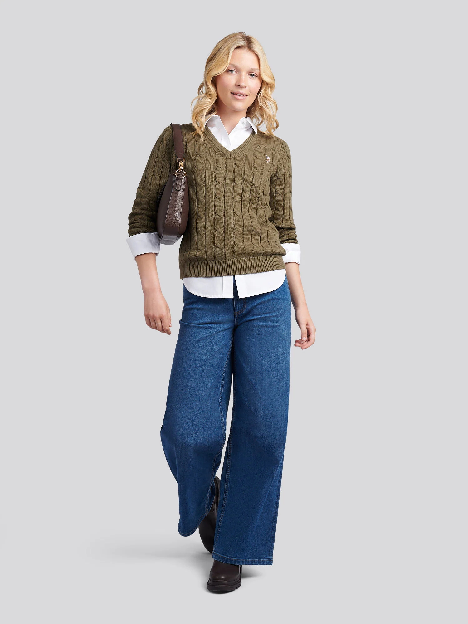 Womens V-Neck Cable Jumper Kalamata Green - Image 3