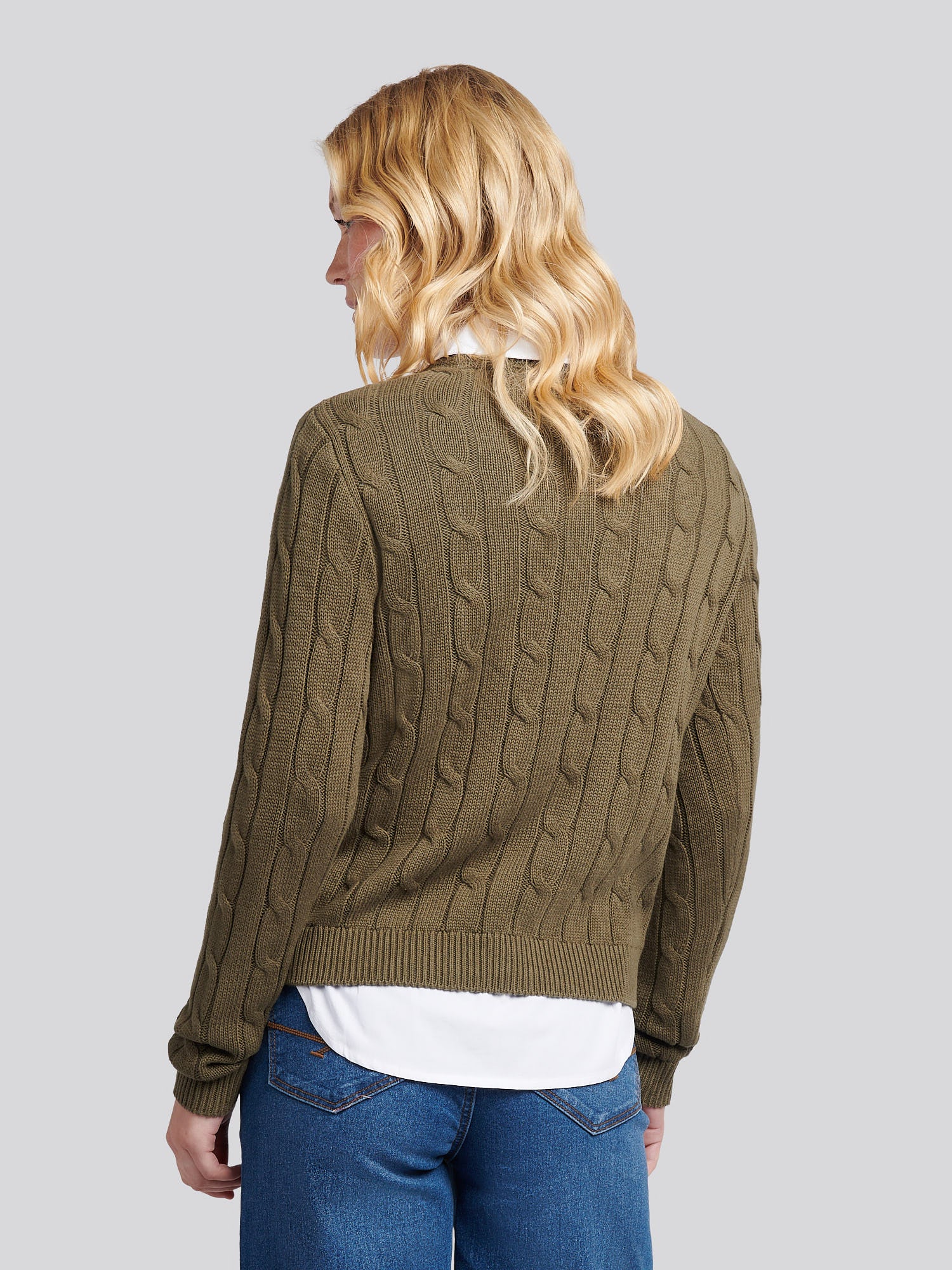 Womens V-Neck Cable Jumper Kalamata Green - Image 4