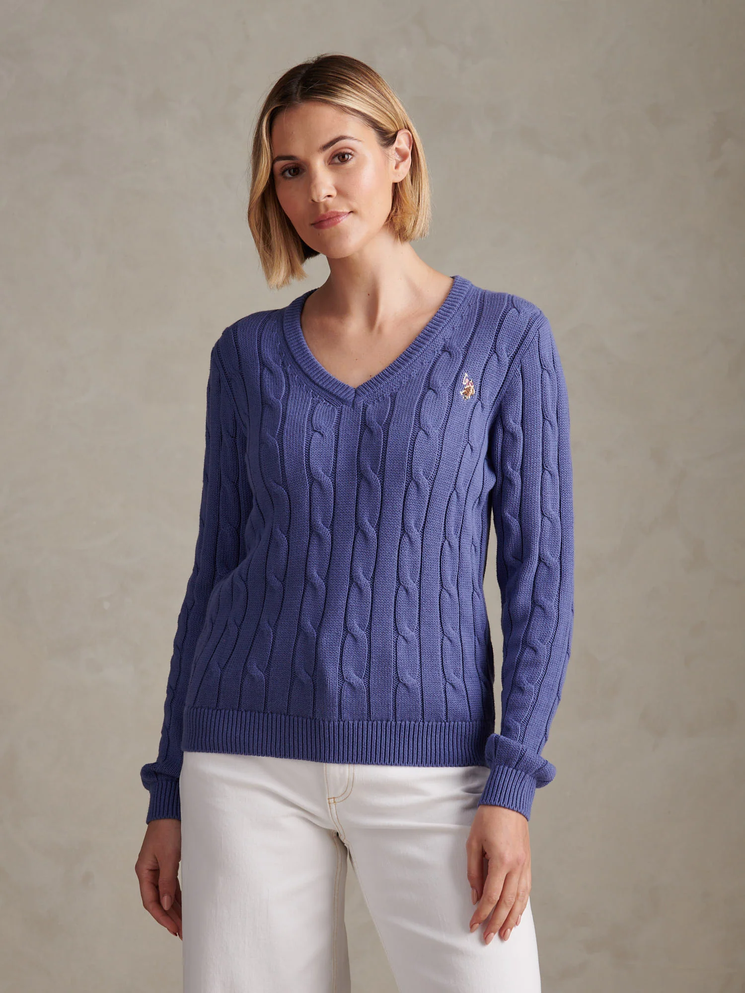 Womens V-Neck Cable Jumper Marlin
