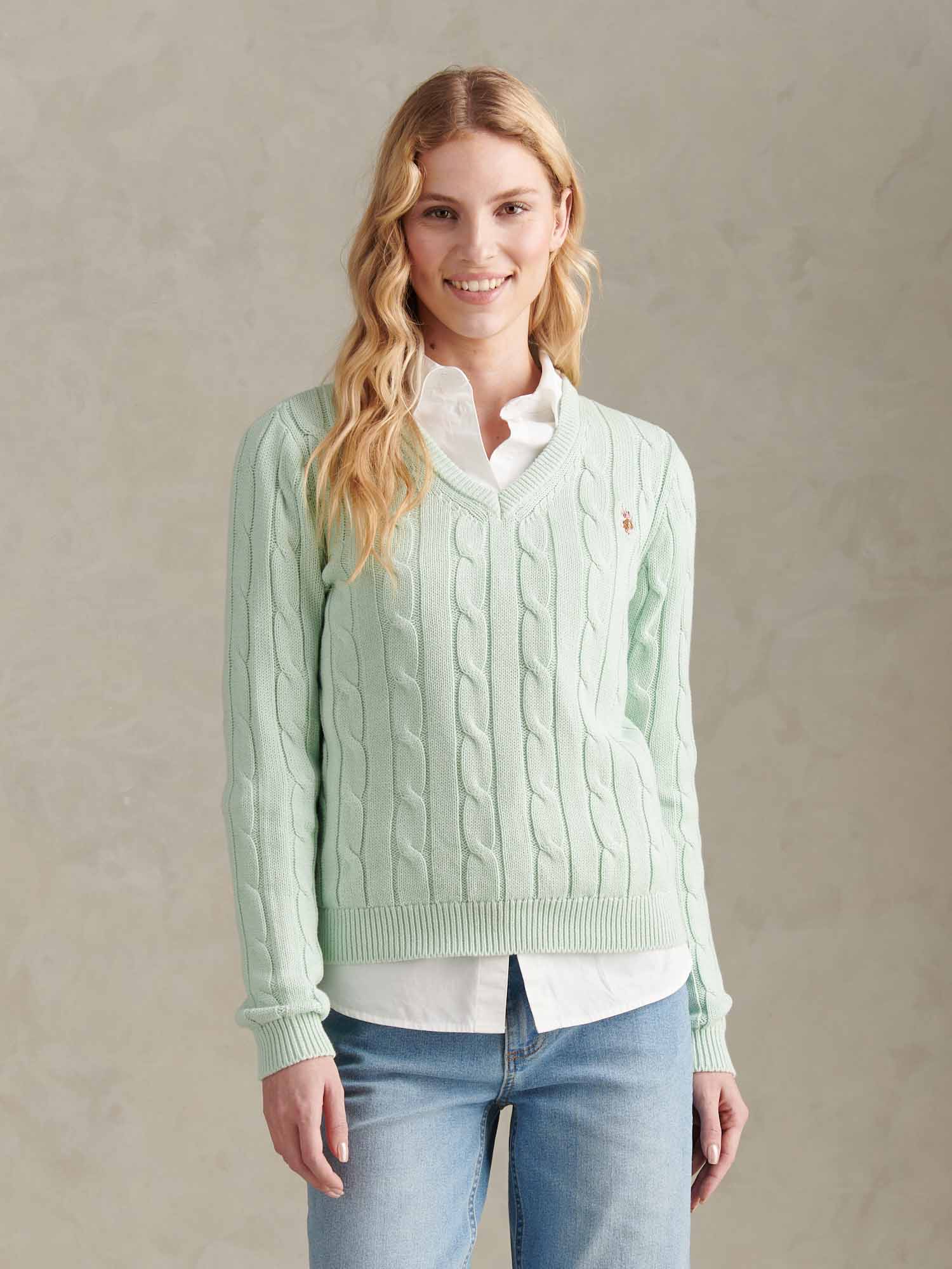 Womens V-Neck Cable Jumper Misty Jade