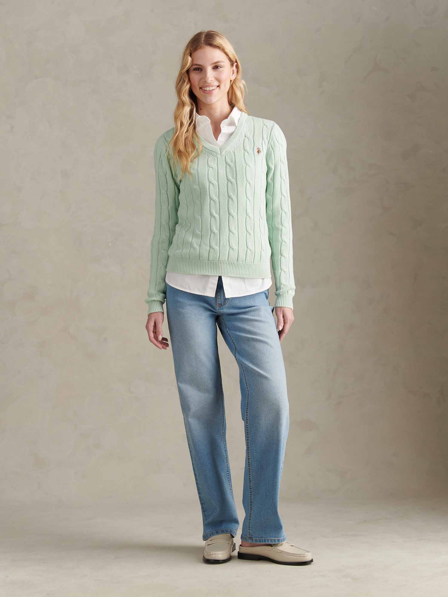 Womens V-Neck Cable Jumper Misty Jade - Image 2