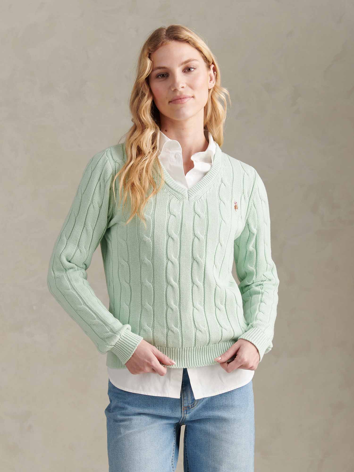 Womens V-Neck Cable Jumper Misty Jade - Image 5