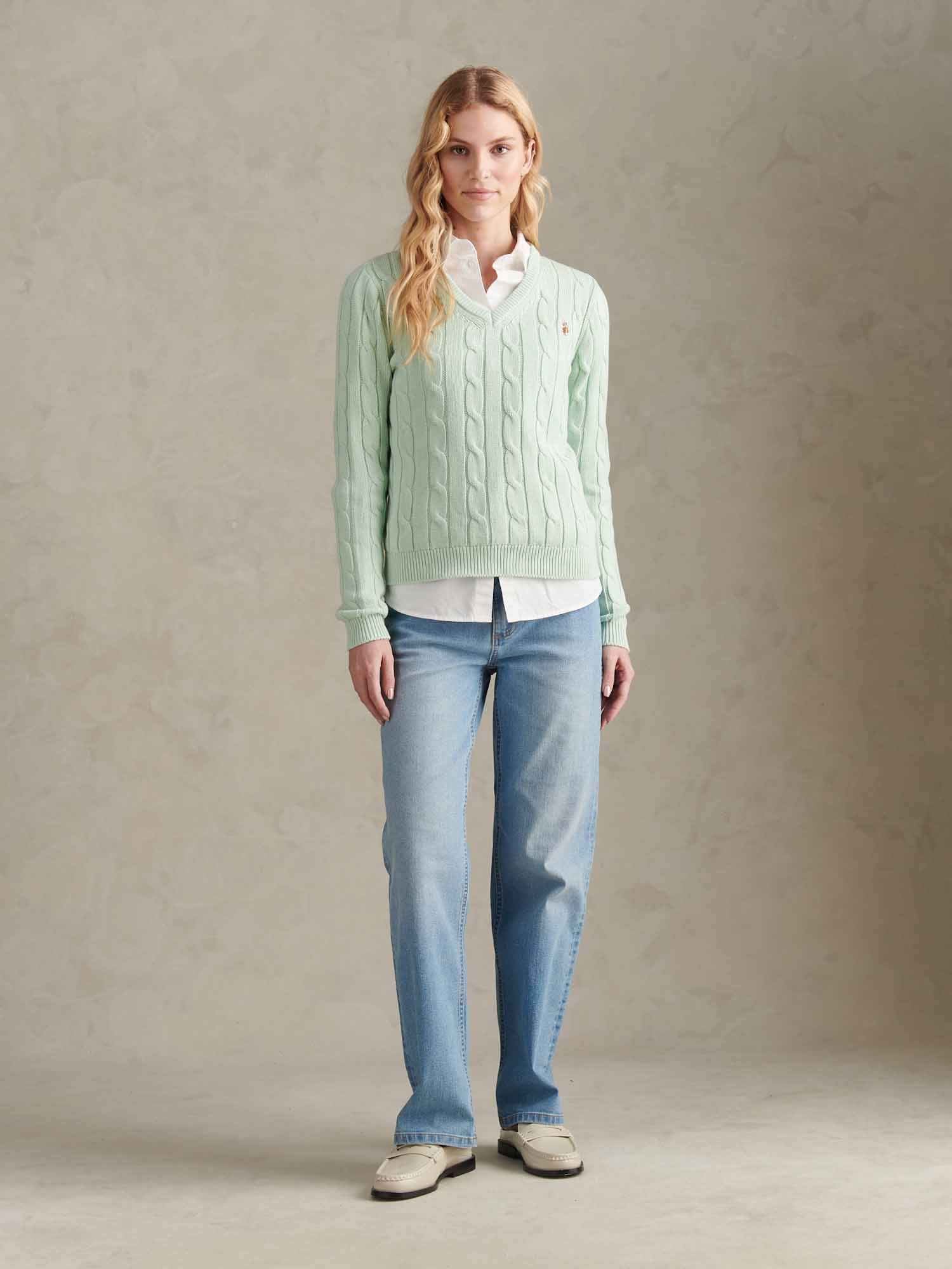 Womens V-Neck Cable Jumper Misty Jade - Image 7