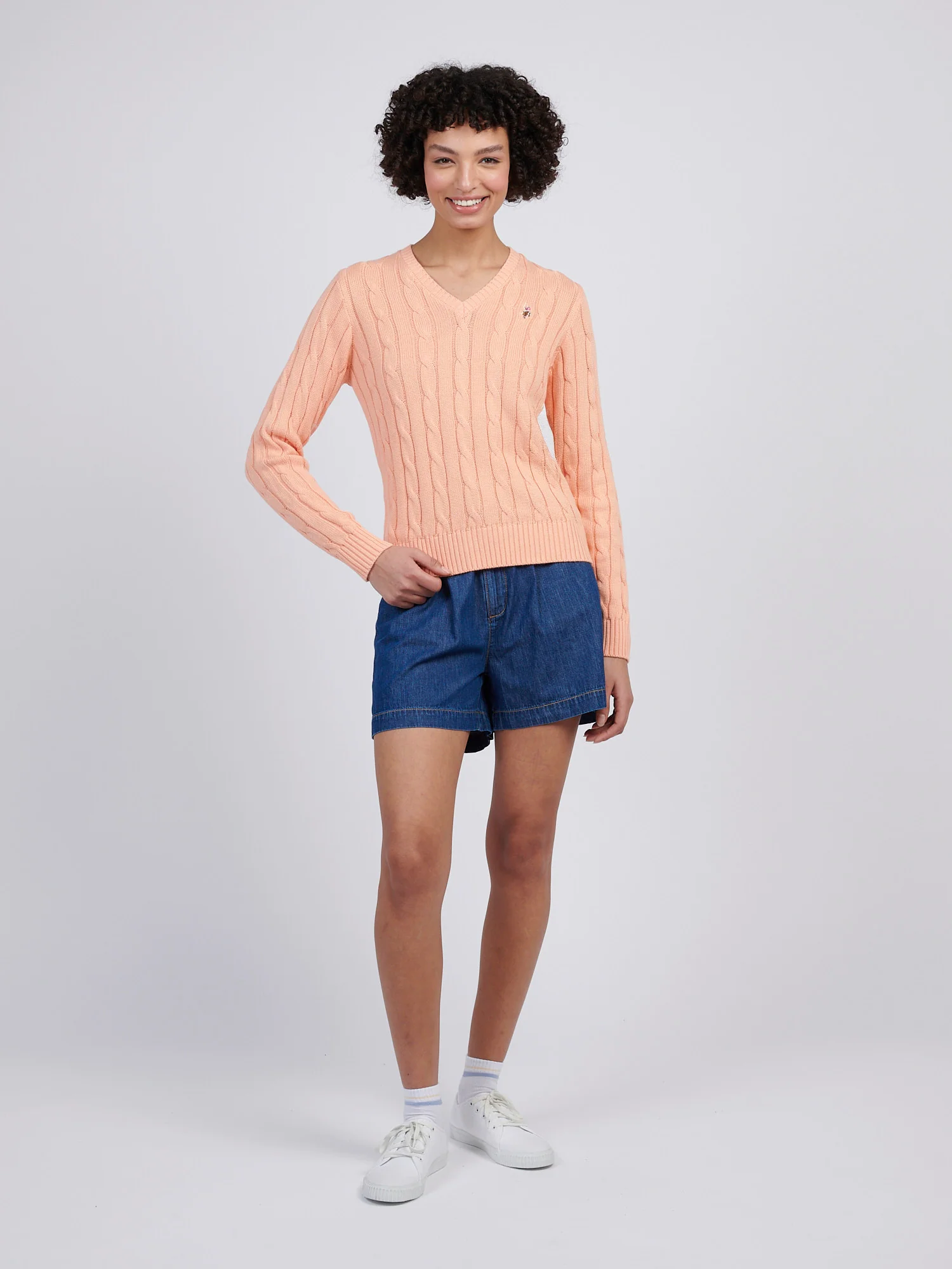Womens V-Neck Cable Jumper Peach Nectar - Image 3