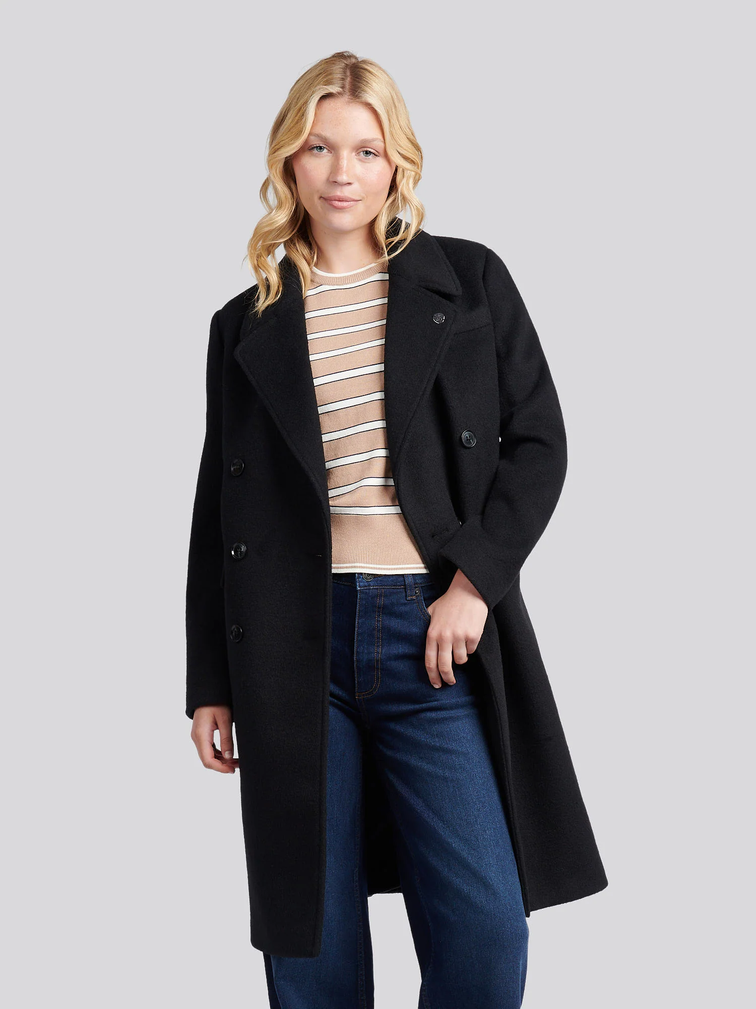 Womens Wool Blend Double Breasted Coat in Black
