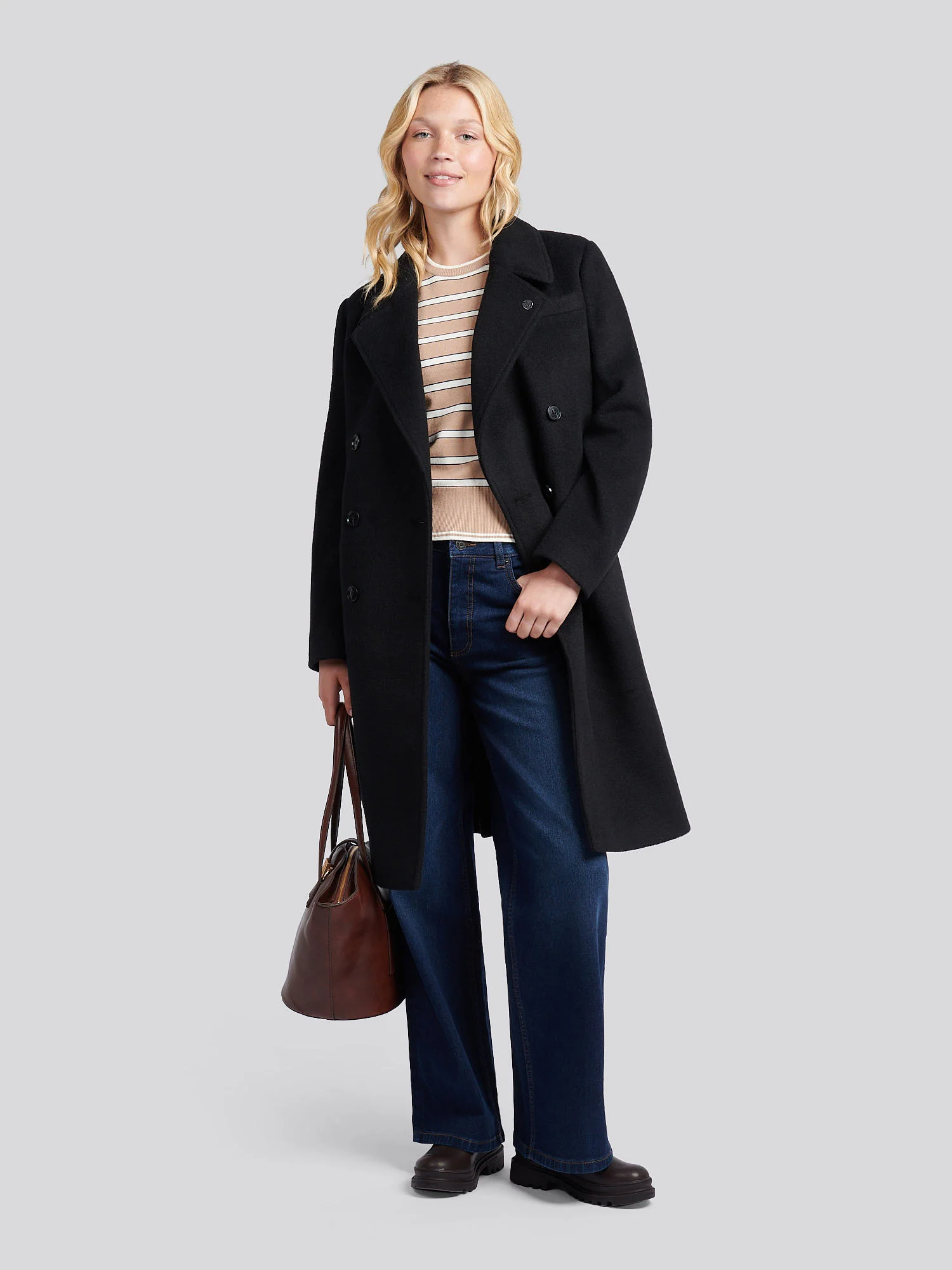 Womens Wool Blend Double Breasted Coat in Black - Image 3