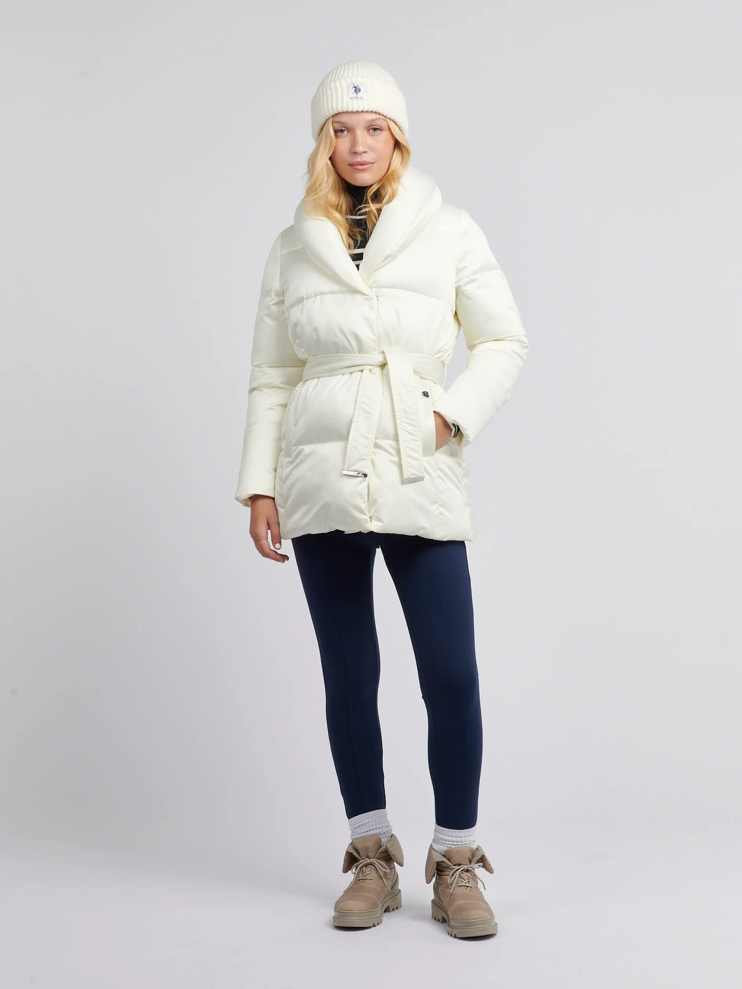 Womens Wrap Collar Belted Puffer Coat in Marshmallow - Image 3