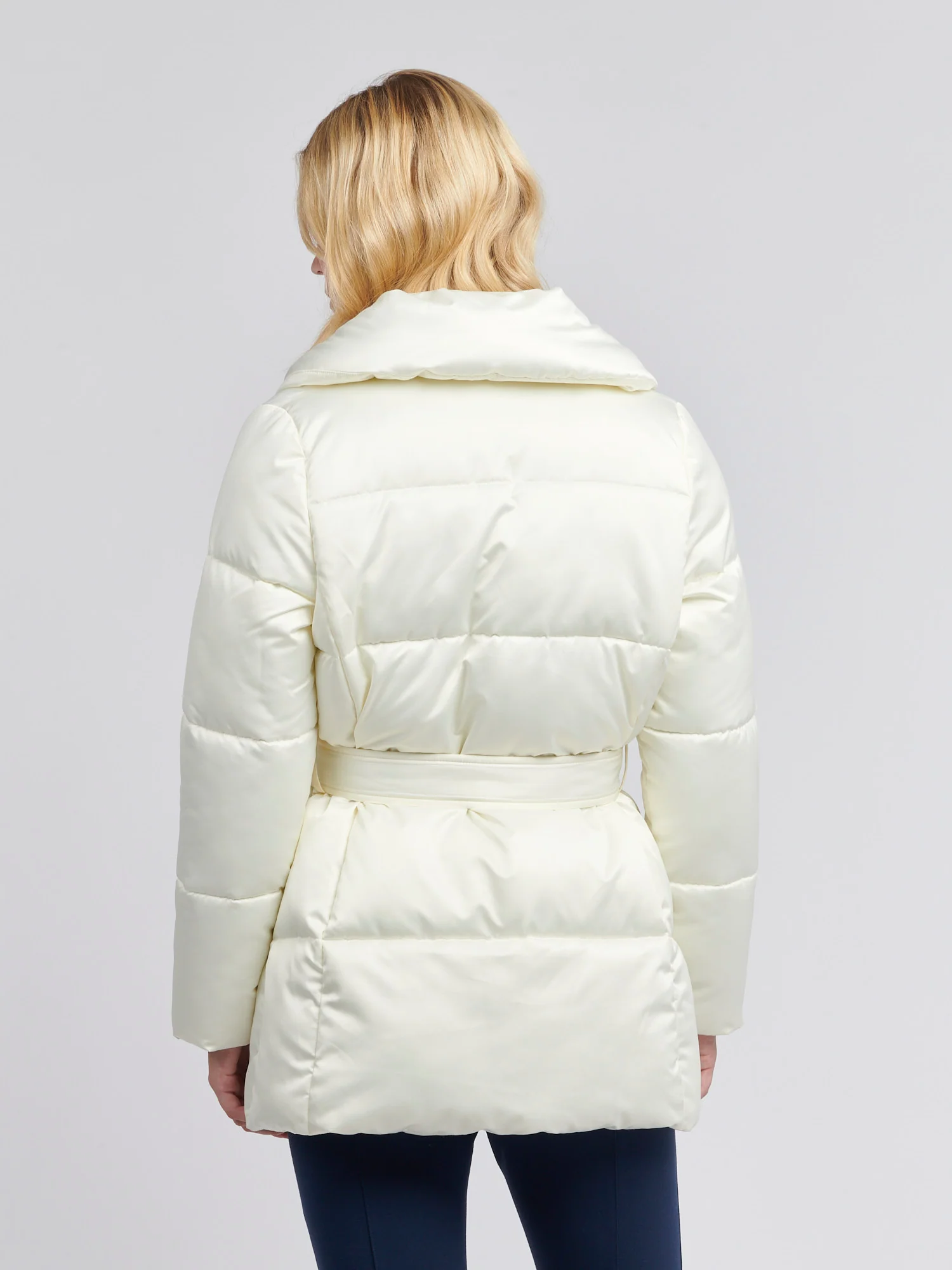 Womens Wrap Collar Belted Puffer Coat in Marshmallow - Image 4