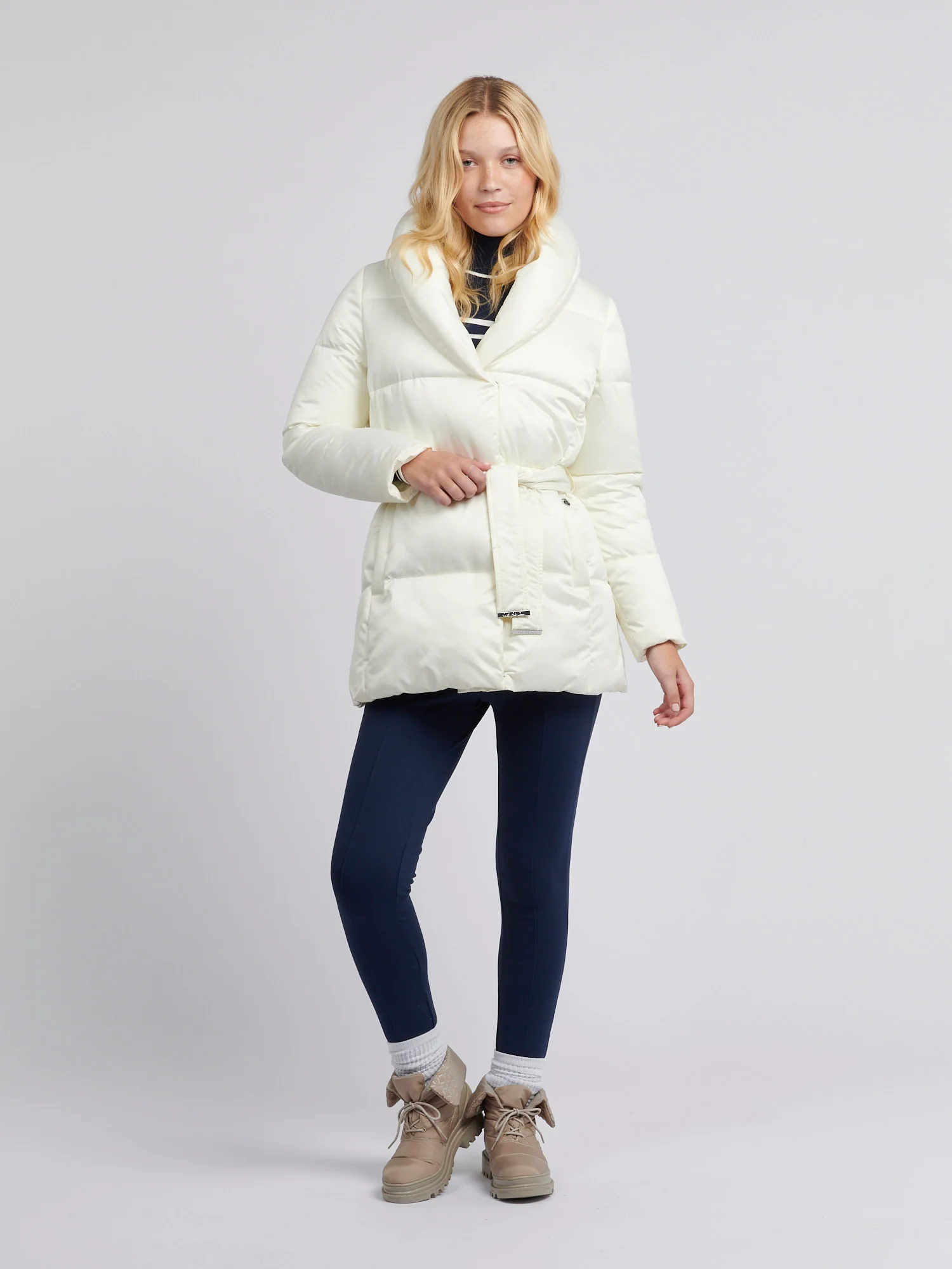 Womens Wrap Collar Belted Puffer Coat in Marshmallow - Image 7