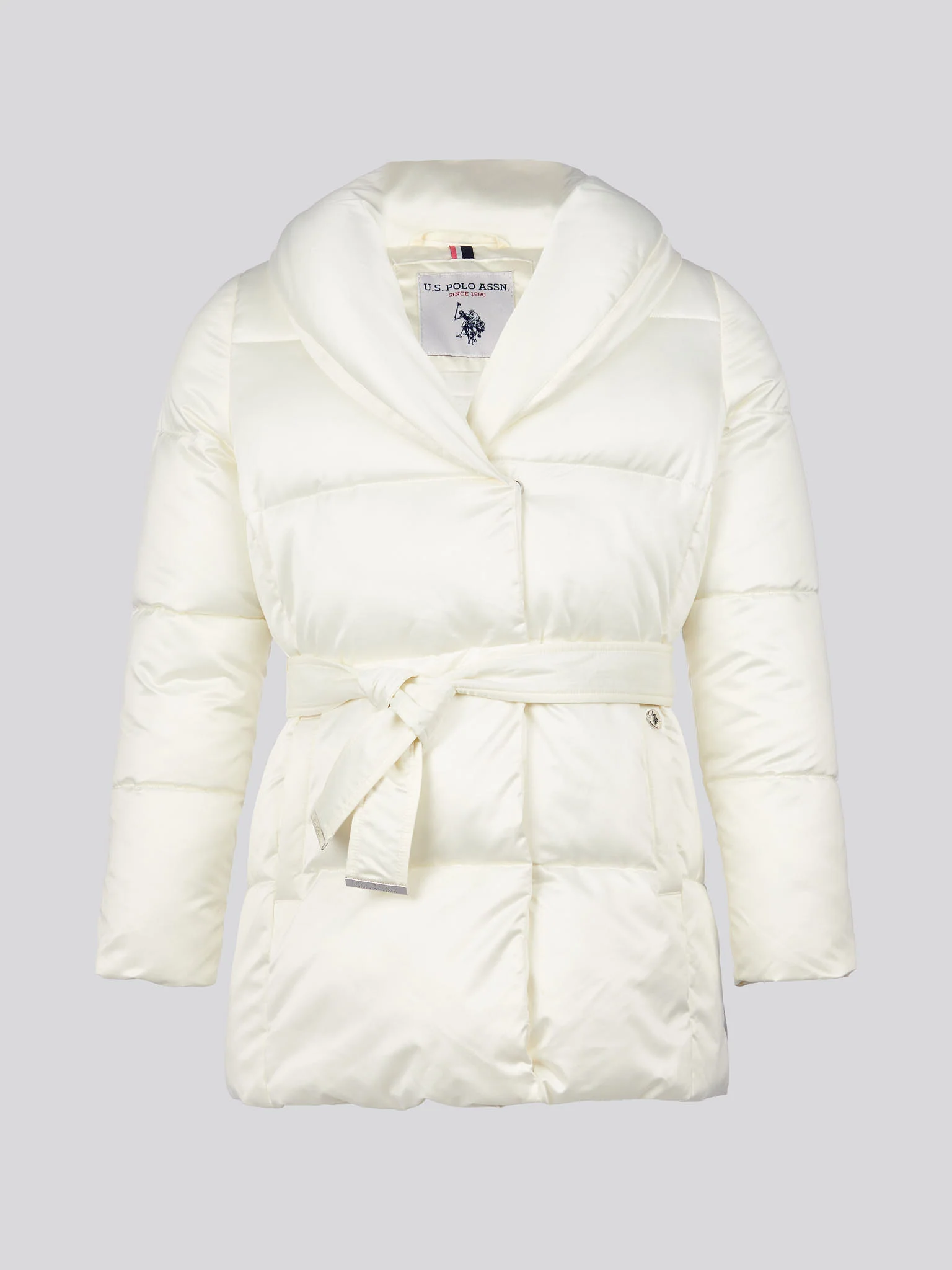Womens Wrap Collar Belted Puffer Coat in Marshmallow - Image 8