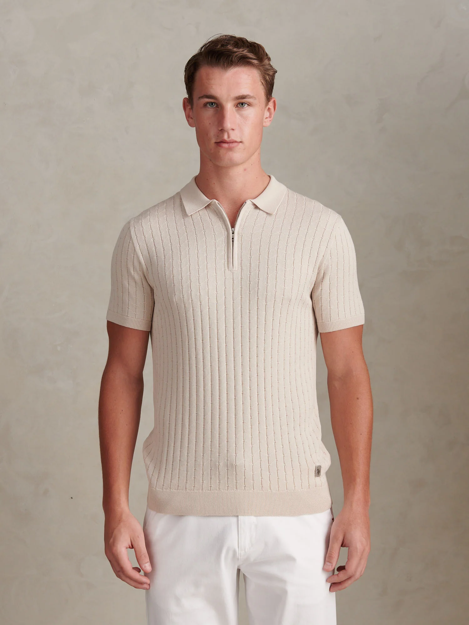Mens Zip Knit Short Sleeve Polo Shirt Beige