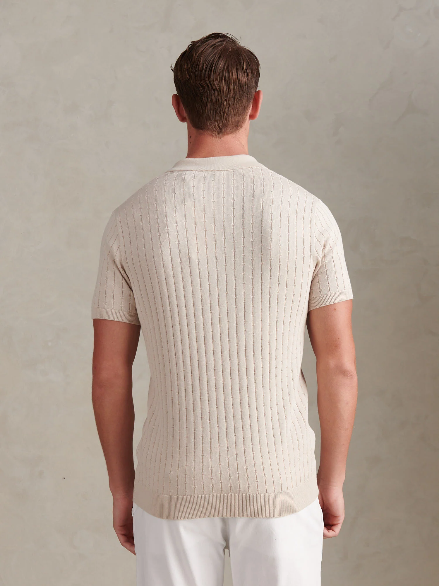Mens Zip Knit Short Sleeve Polo Shirt Beige - Image 4