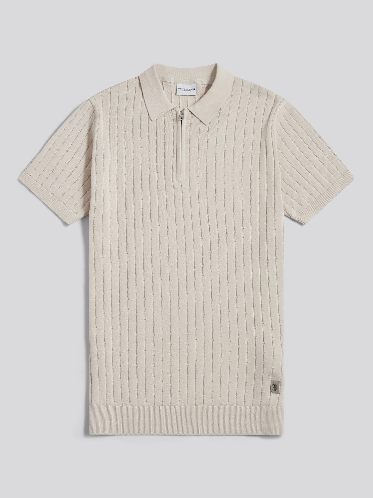 Mens Zip Knit Short Sleeve Polo Shirt Beige - Image 5